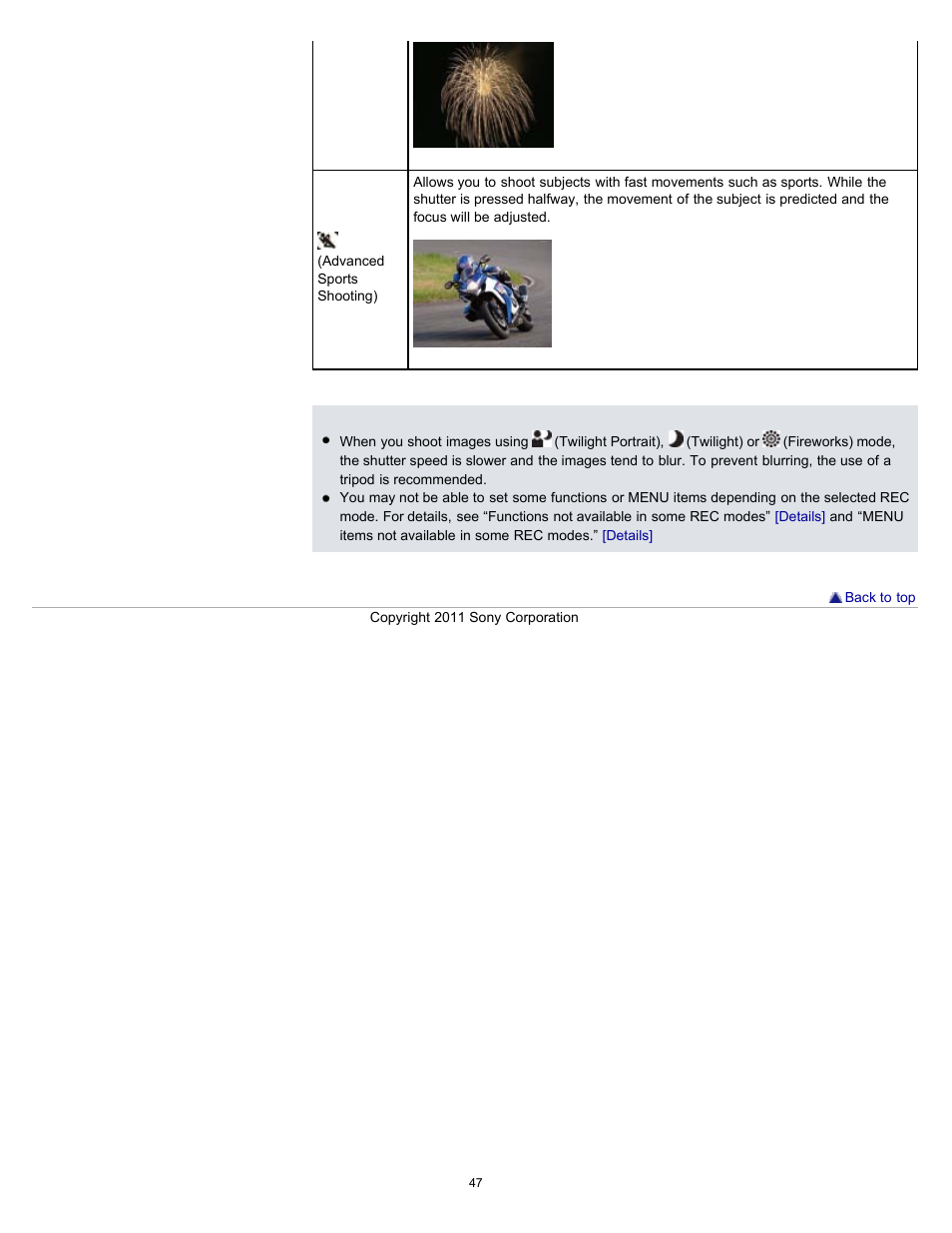 Advanced sports shooting) | Sony DSC-H70 User Manual | Page 47 / 208