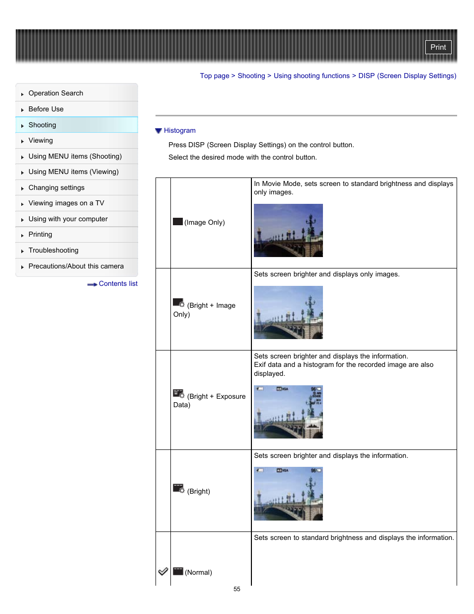 Disp (screen display settings) | Sony DSC-H70 User Manual | Page 55 / 208