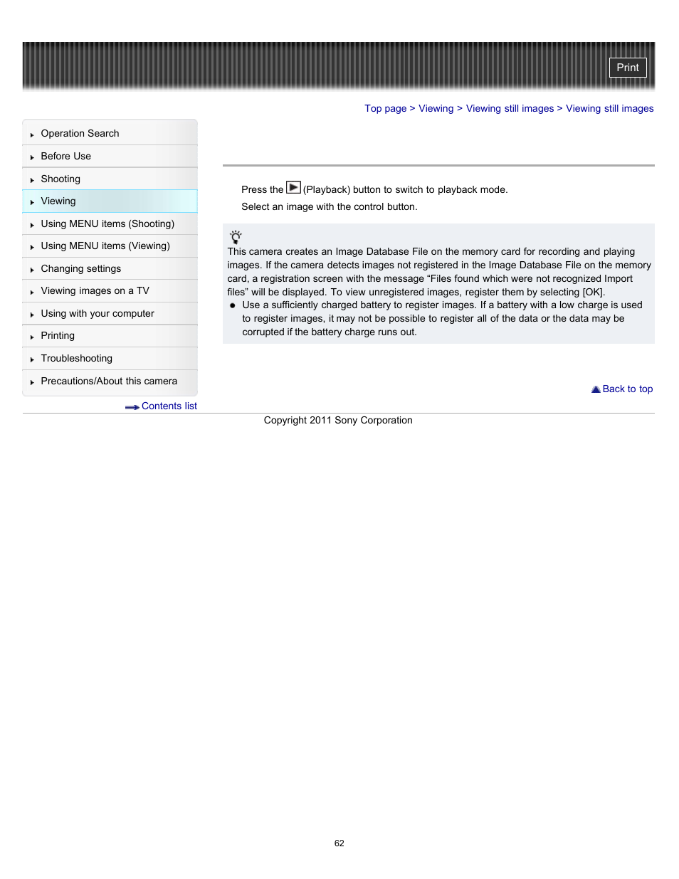 Viewing still images | Sony DSC-H70 User Manual | Page 62 / 208