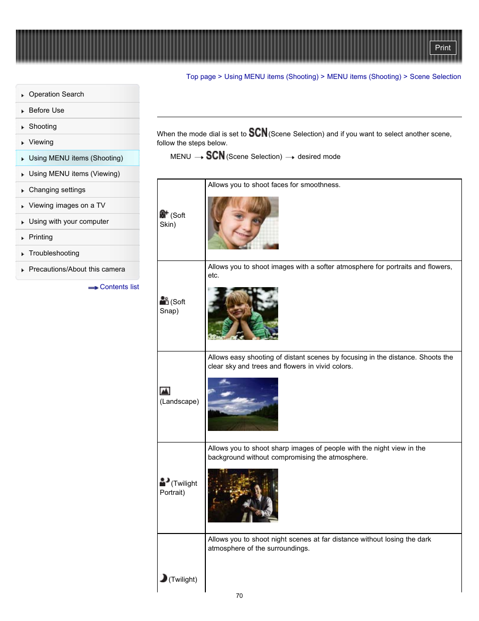 Scene selection | Sony DSC-H70 User Manual | Page 70 / 208