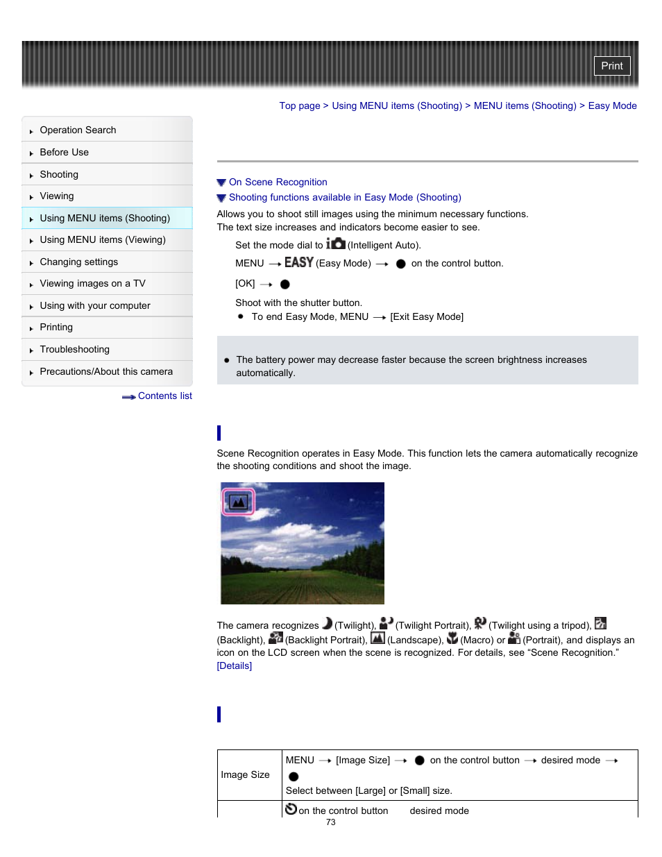 Easy mode | Sony DSC-H70 User Manual | Page 73 / 208