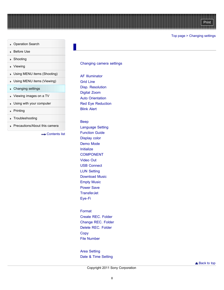 Changing settings | Sony DSC-H70 User Manual | Page 8 / 208