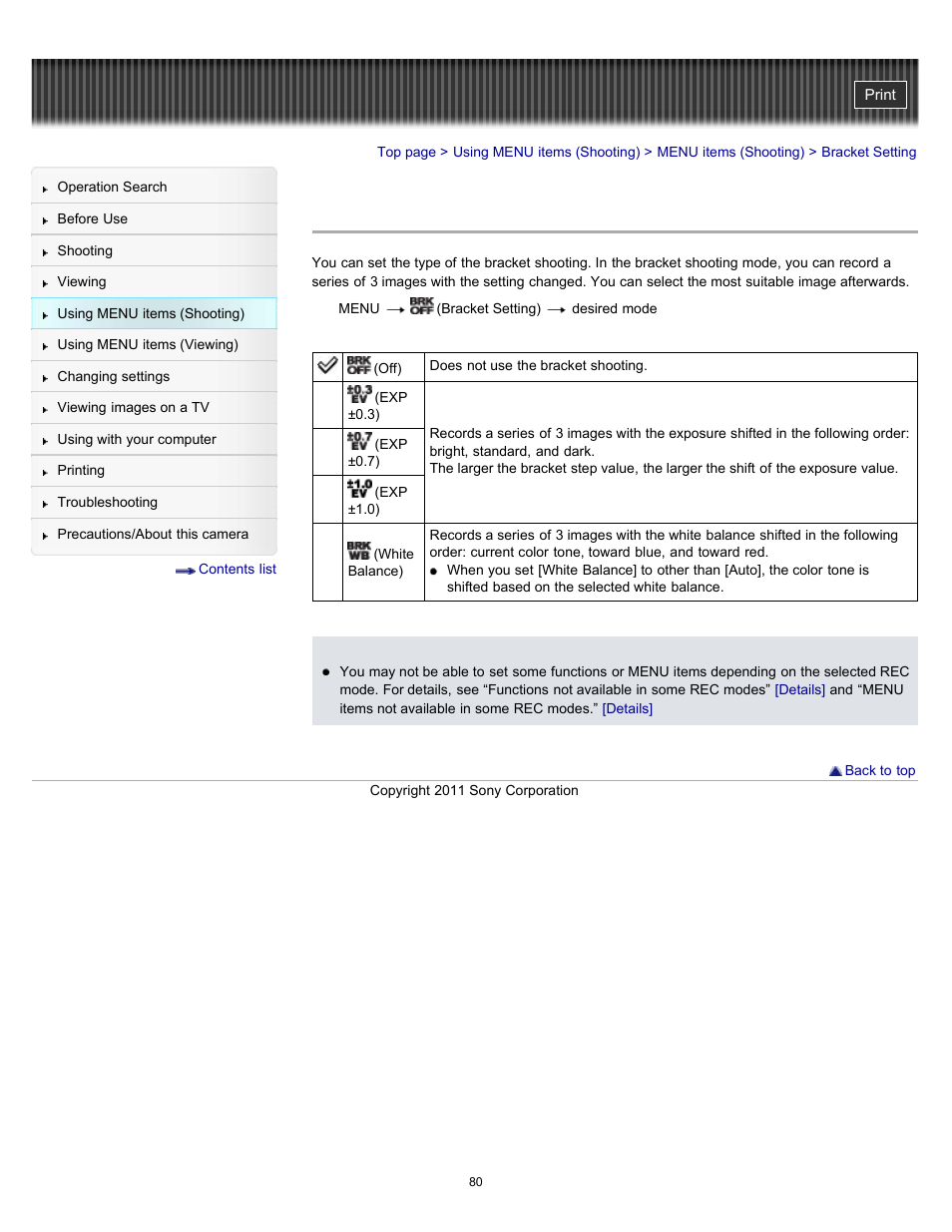 Bracket setting | Sony DSC-H70 User Manual | Page 80 / 208