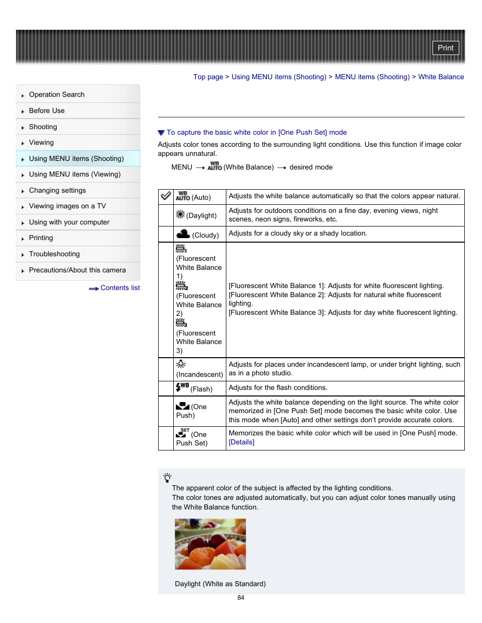 White balance | Sony DSC-H70 User Manual | Page 84 / 208