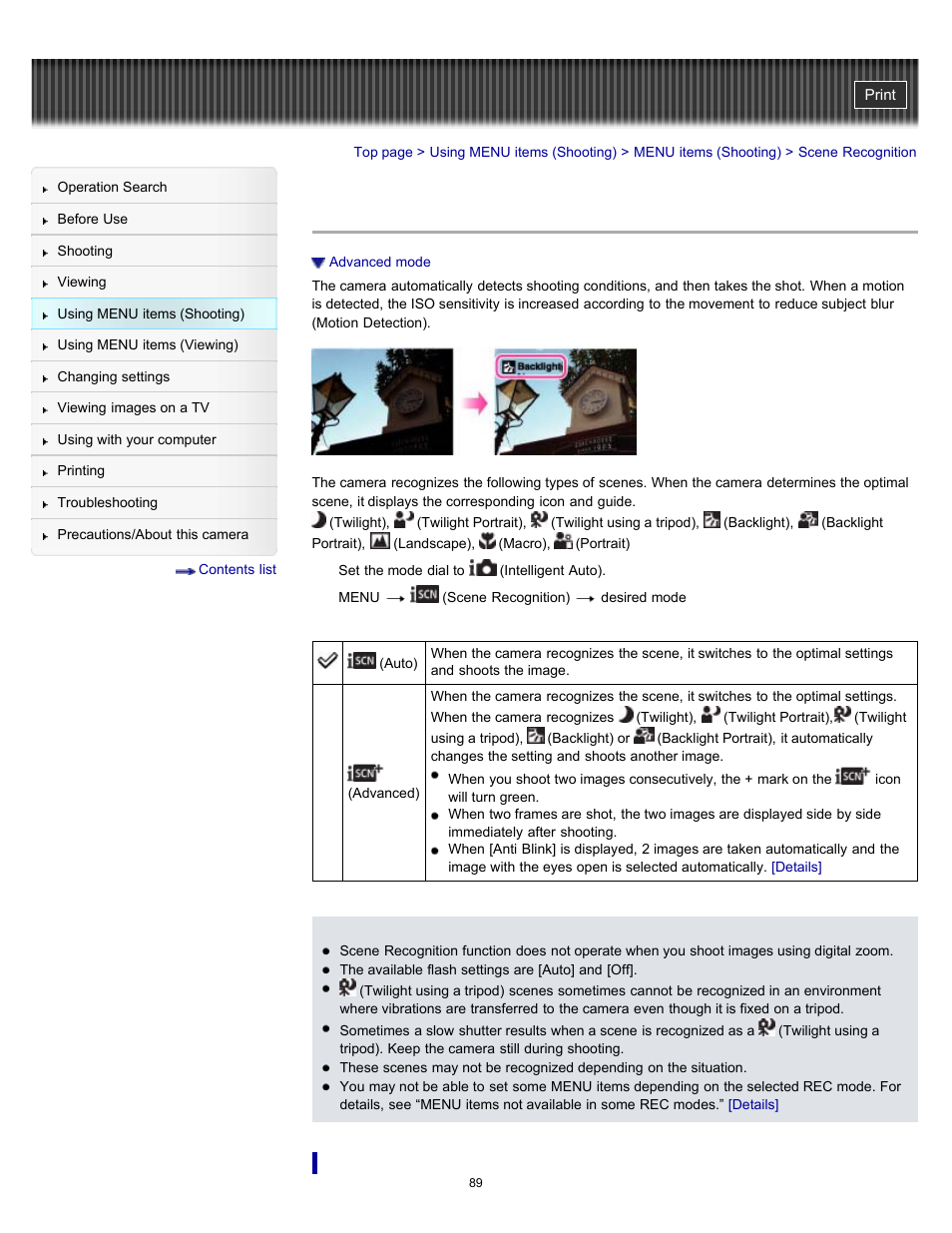 Scene recognition, Details | Sony DSC-H70 User Manual | Page 89 / 208