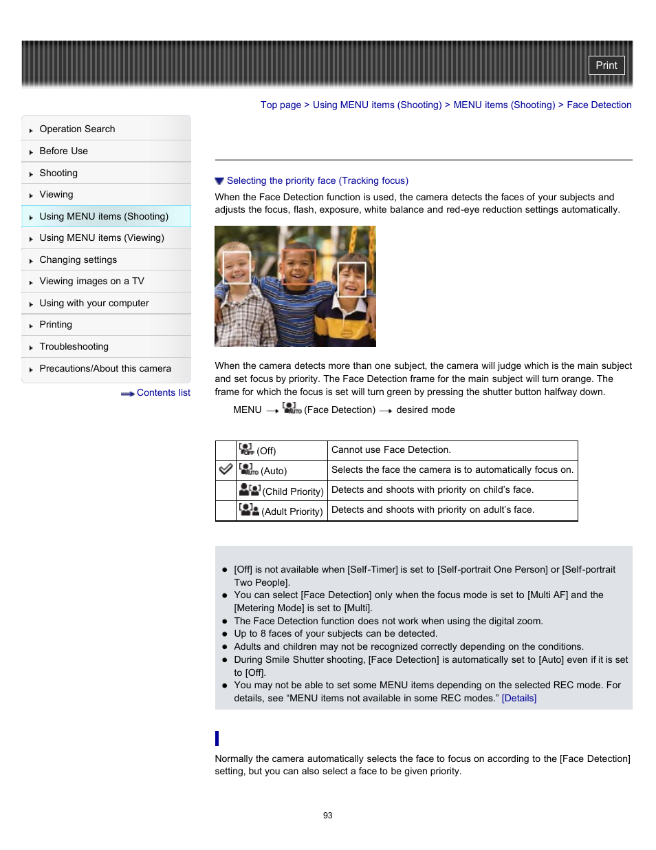 Face detection, Selecting the priority face (tracking focus), Details | Sony DSC-H70 User Manual | Page 93 / 208