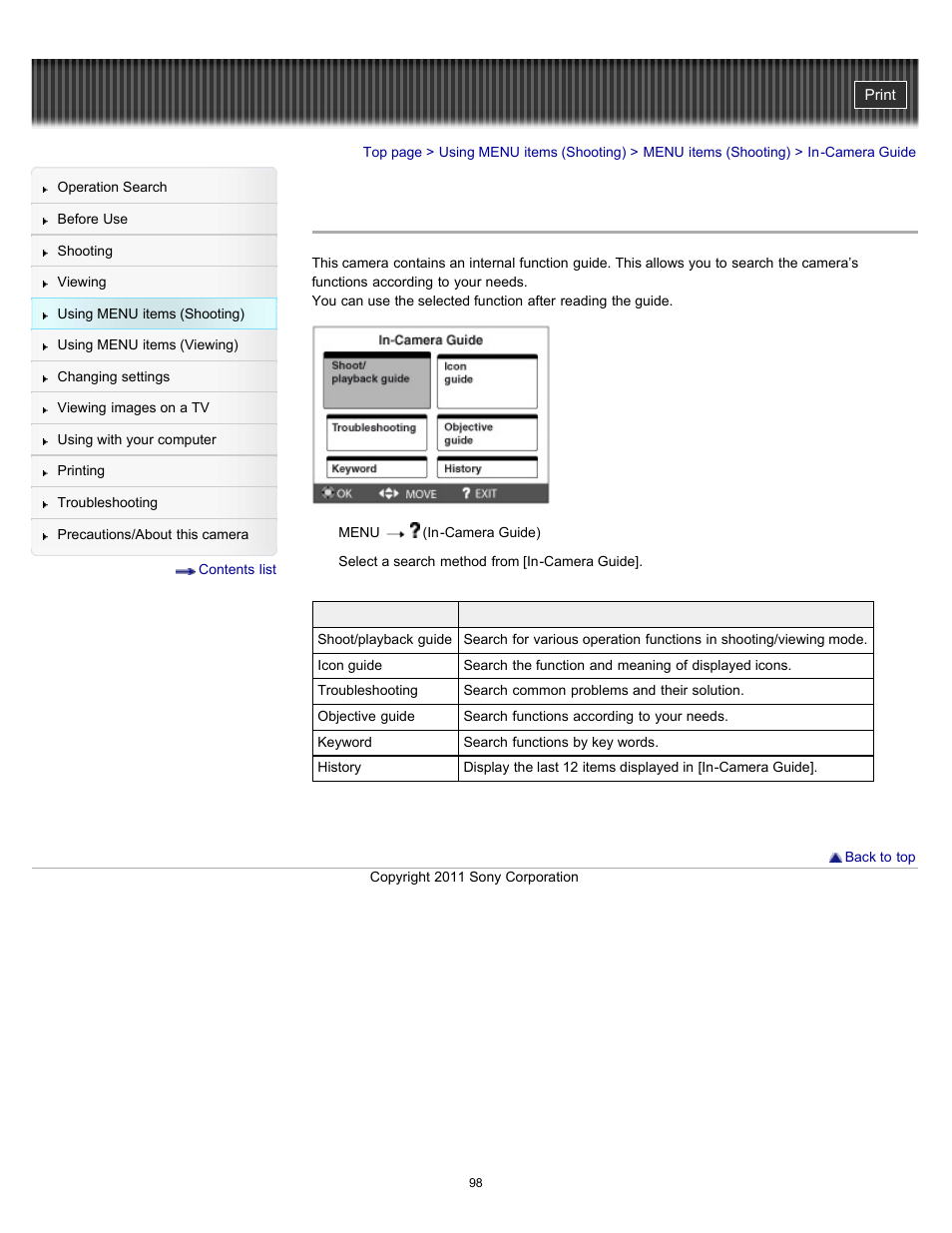 In-camera guide | Sony DSC-H70 User Manual | Page 98 / 208