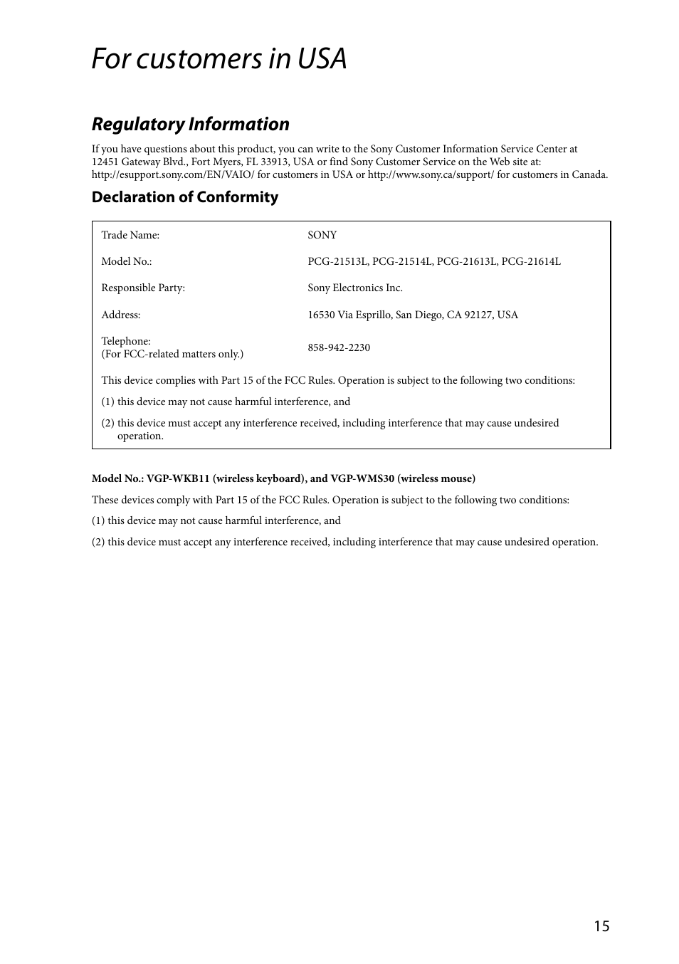 For customers in usa, Regulatory information, Declaration of conformity | Sony VPCL237FX User Manual | Page 15 / 24