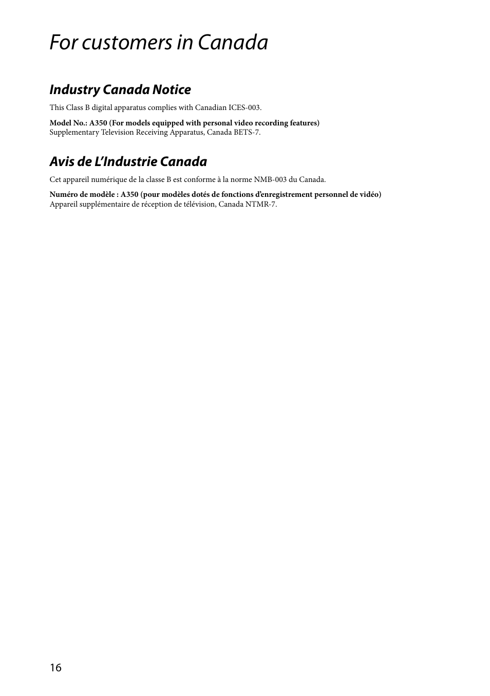 For customers in canada, Industry canada notice, Avis de l’industrie canada | Sony VPCL237FX User Manual | Page 16 / 24