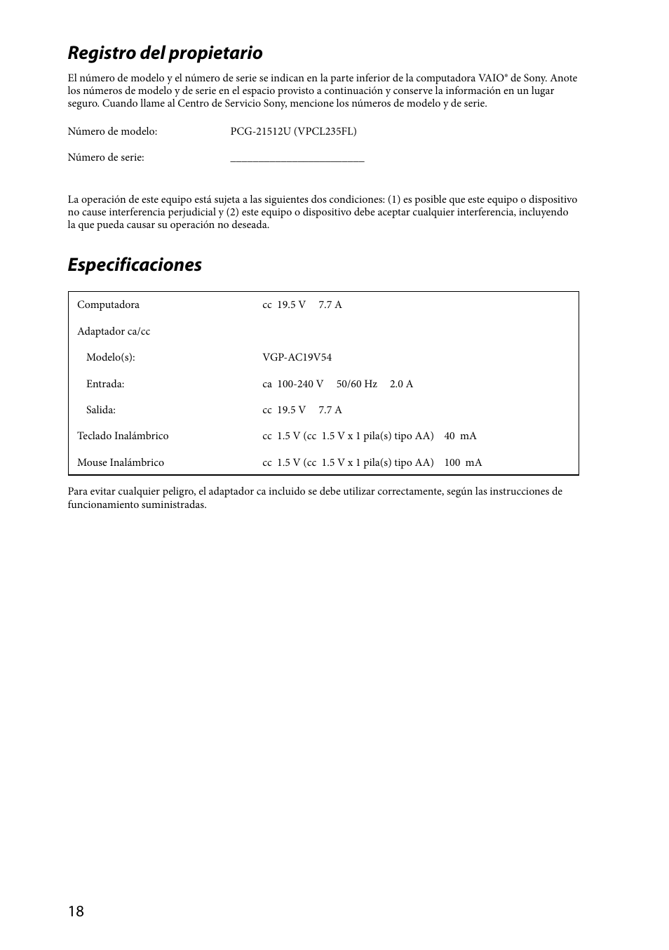 Registro del propietario, Especificaciones | Sony VPCL237FX User Manual | Page 18 / 24