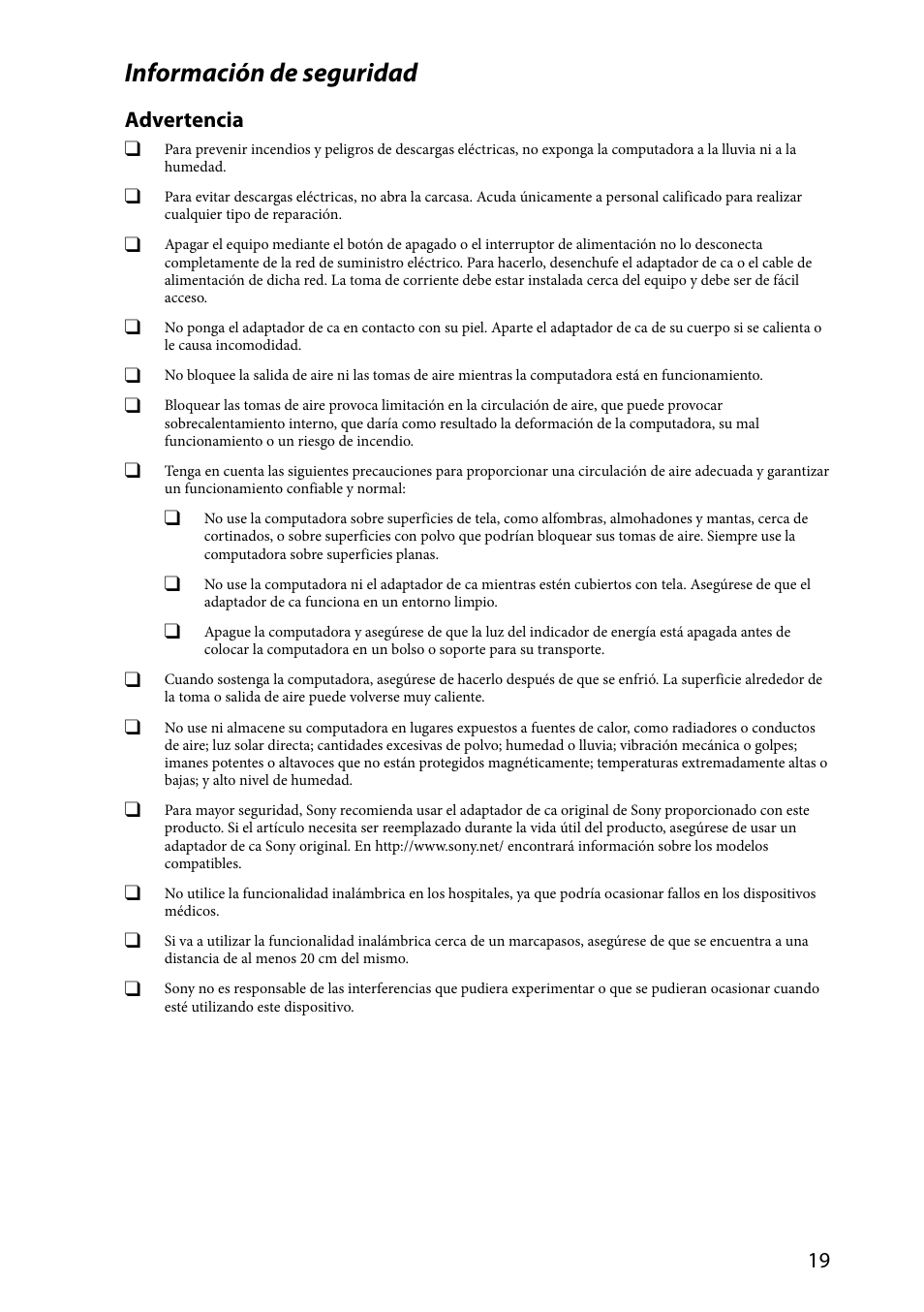 Información de seguridad, Advertencia | Sony VPCL237FX User Manual | Page 19 / 24