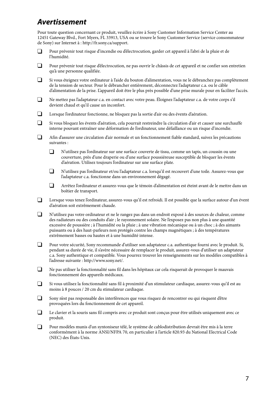 Avertissement | Sony VPCL237FX User Manual | Page 7 / 24