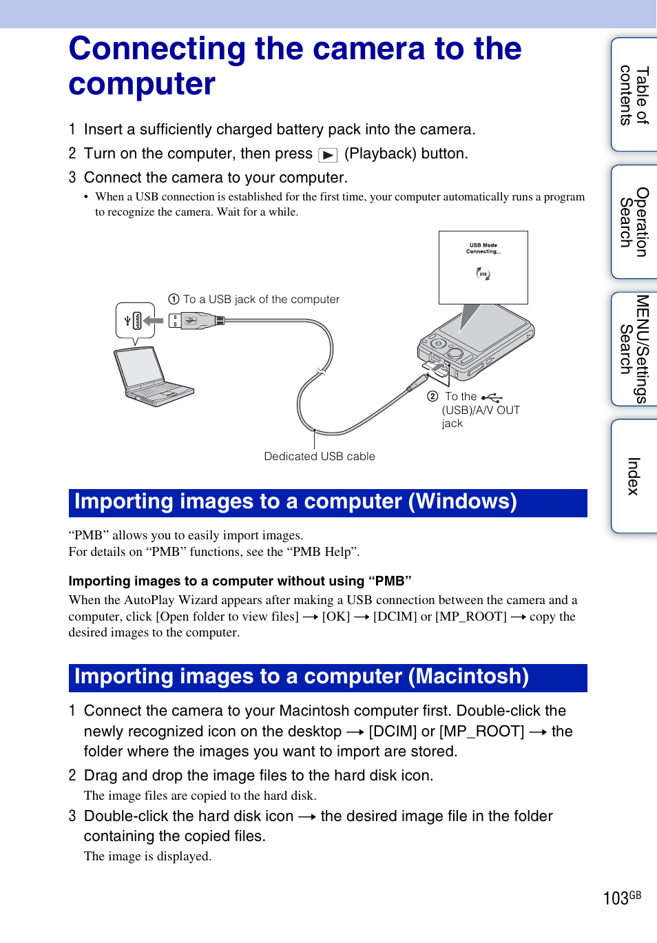 Connecting the camera to the computer, 103 w | Sony DSC-W370 User Manual | Page 103 / 128