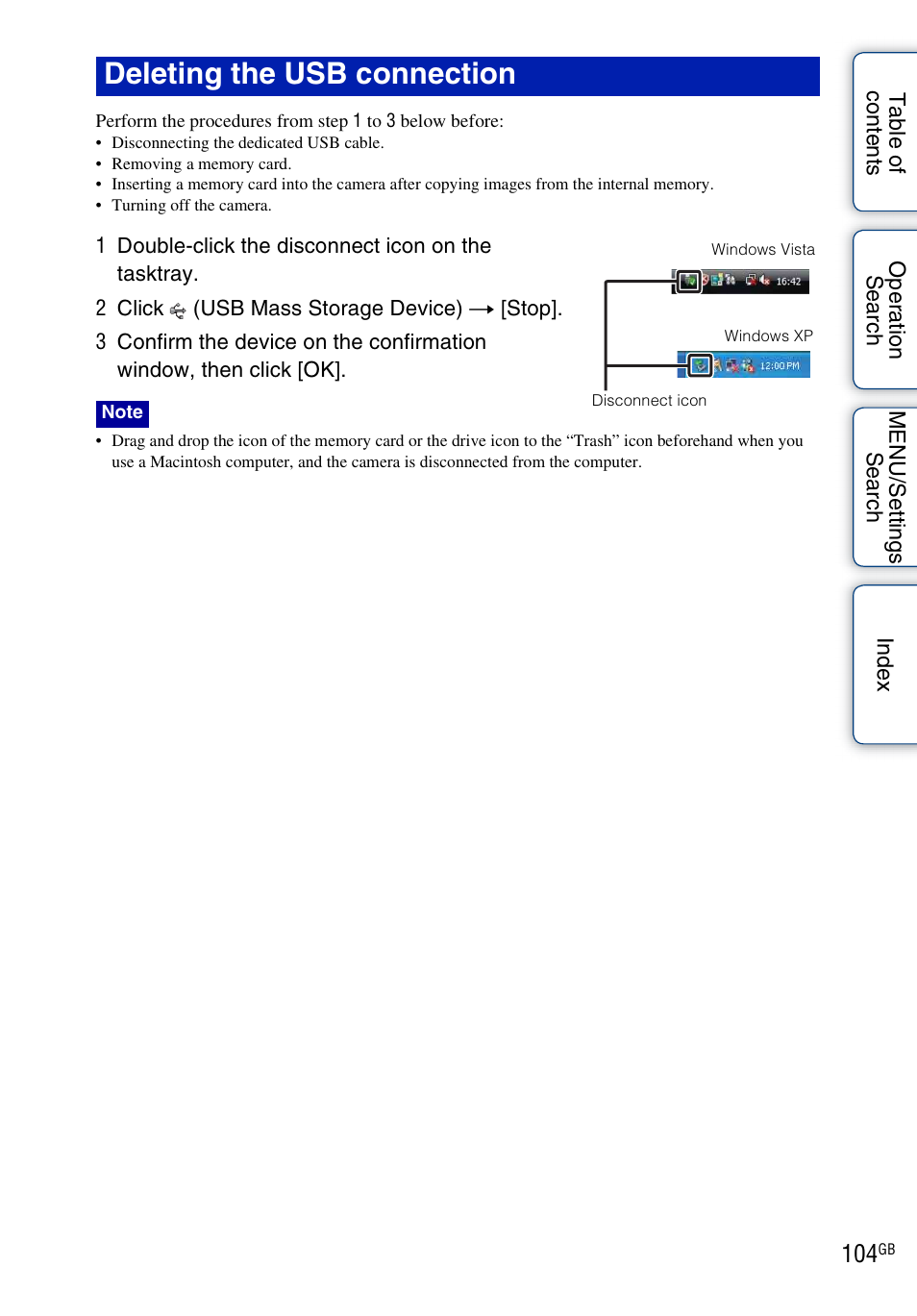 Deleting the usb connection | Sony DSC-W370 User Manual | Page 104 / 128