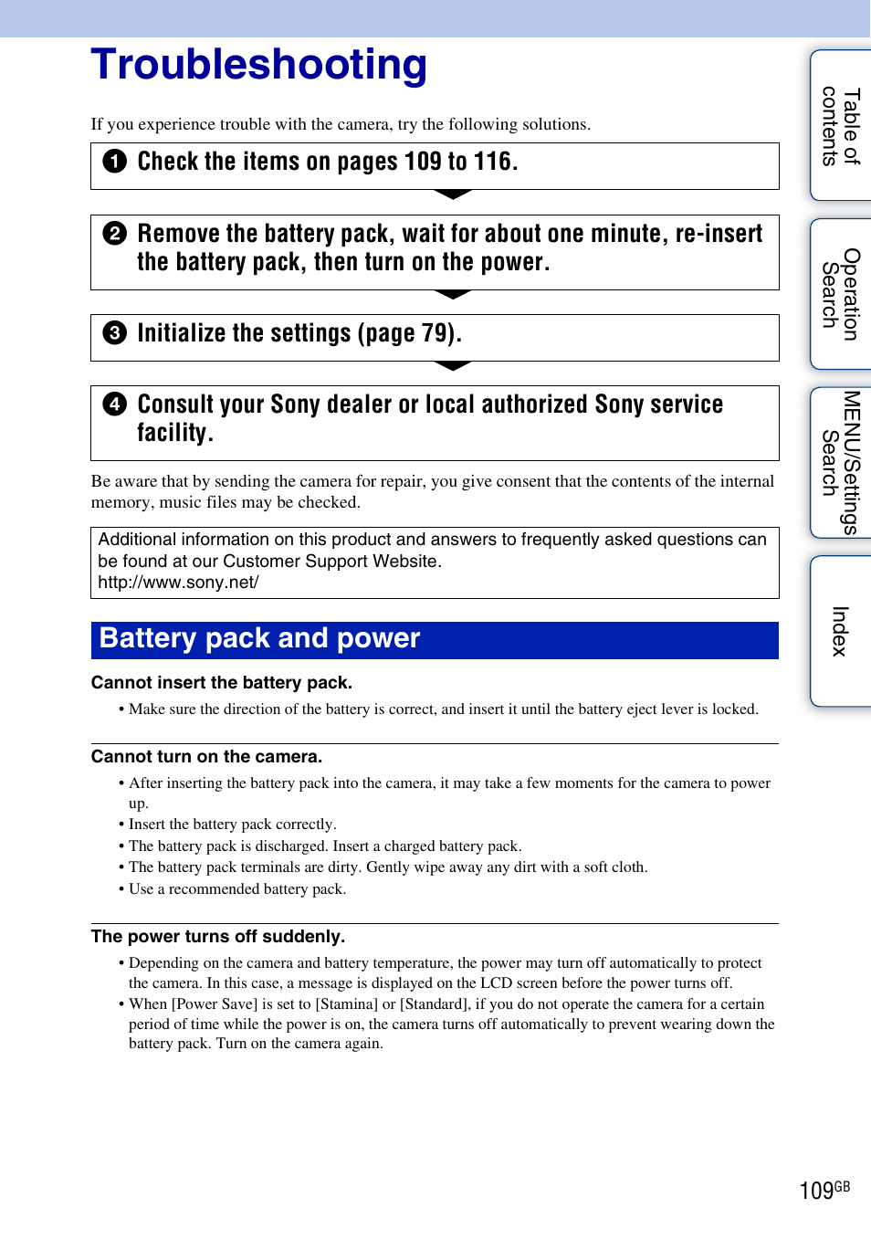 Troubleshooting, Battery pack and power | Sony DSC-W370 User Manual | Page 109 / 128