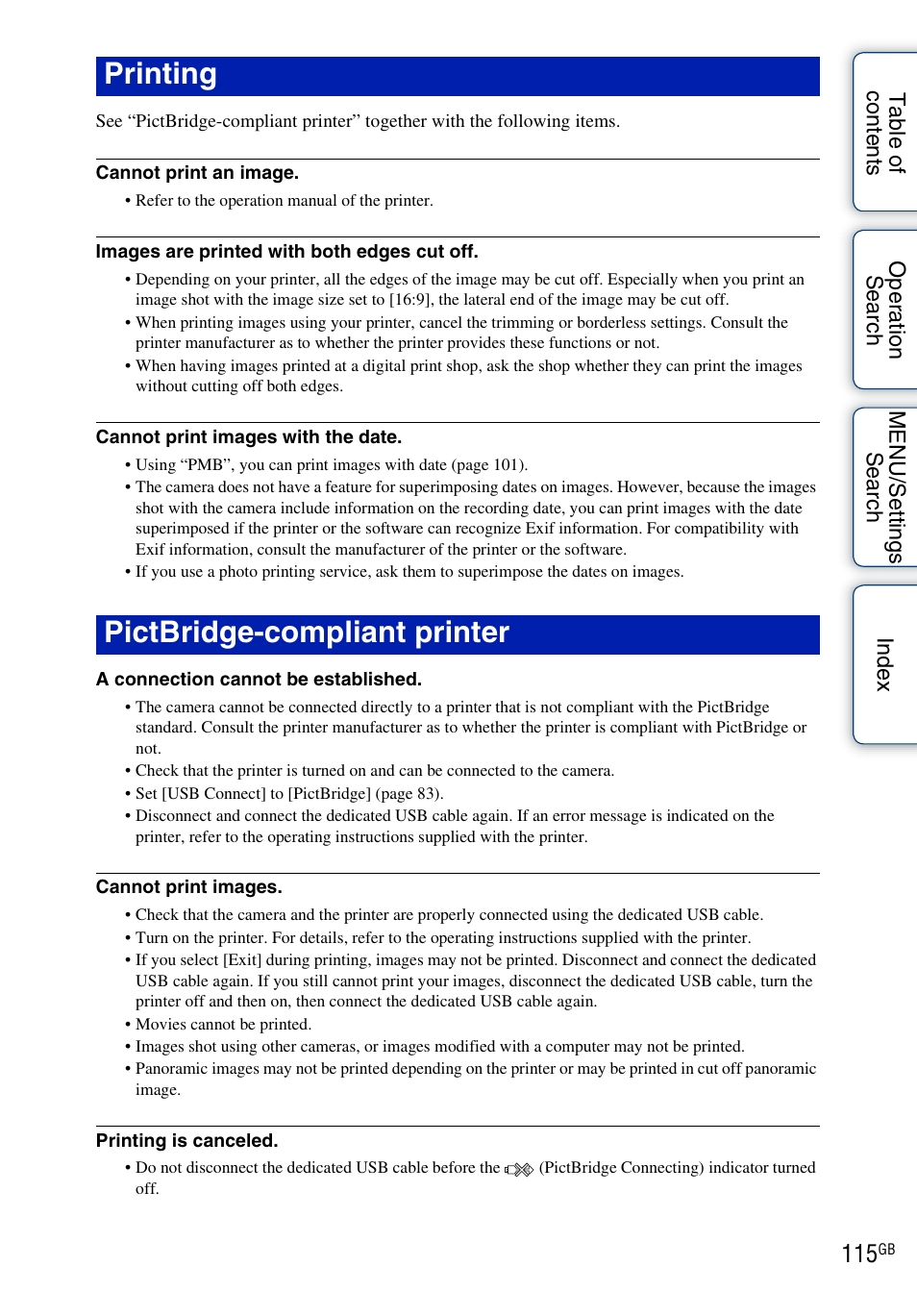 Printing pictbridge-compliant printer | Sony DSC-W370 User Manual | Page 115 / 128