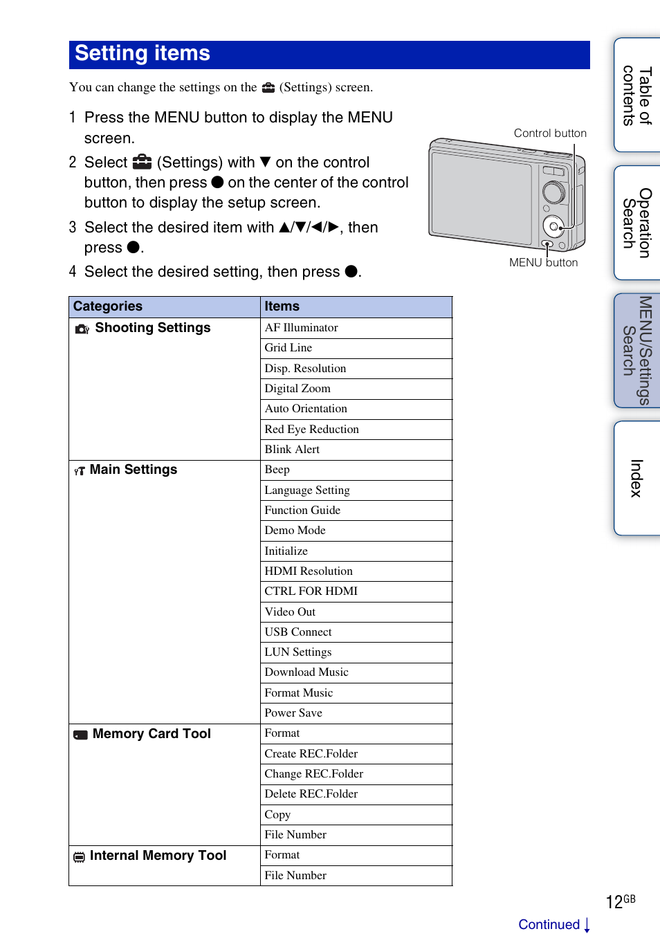 Setting items | Sony DSC-W370 User Manual | Page 12 / 128