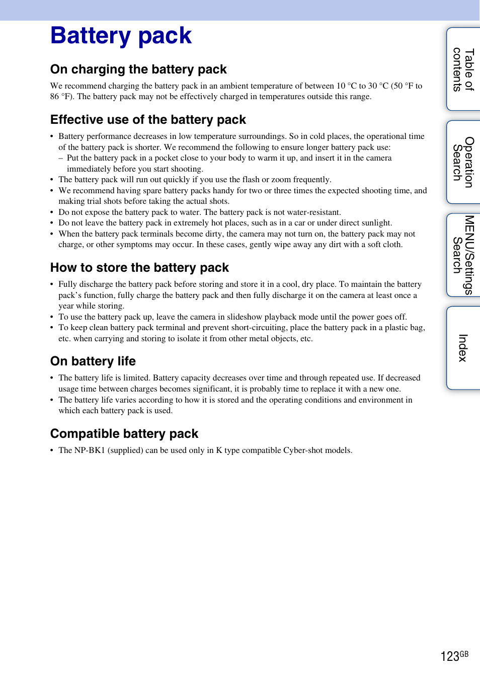 Battery pack, On charging the battery pack, Effective use of the battery pack | How to store the battery pack, On battery life, Compatible battery pack | Sony DSC-W370 User Manual | Page 123 / 128