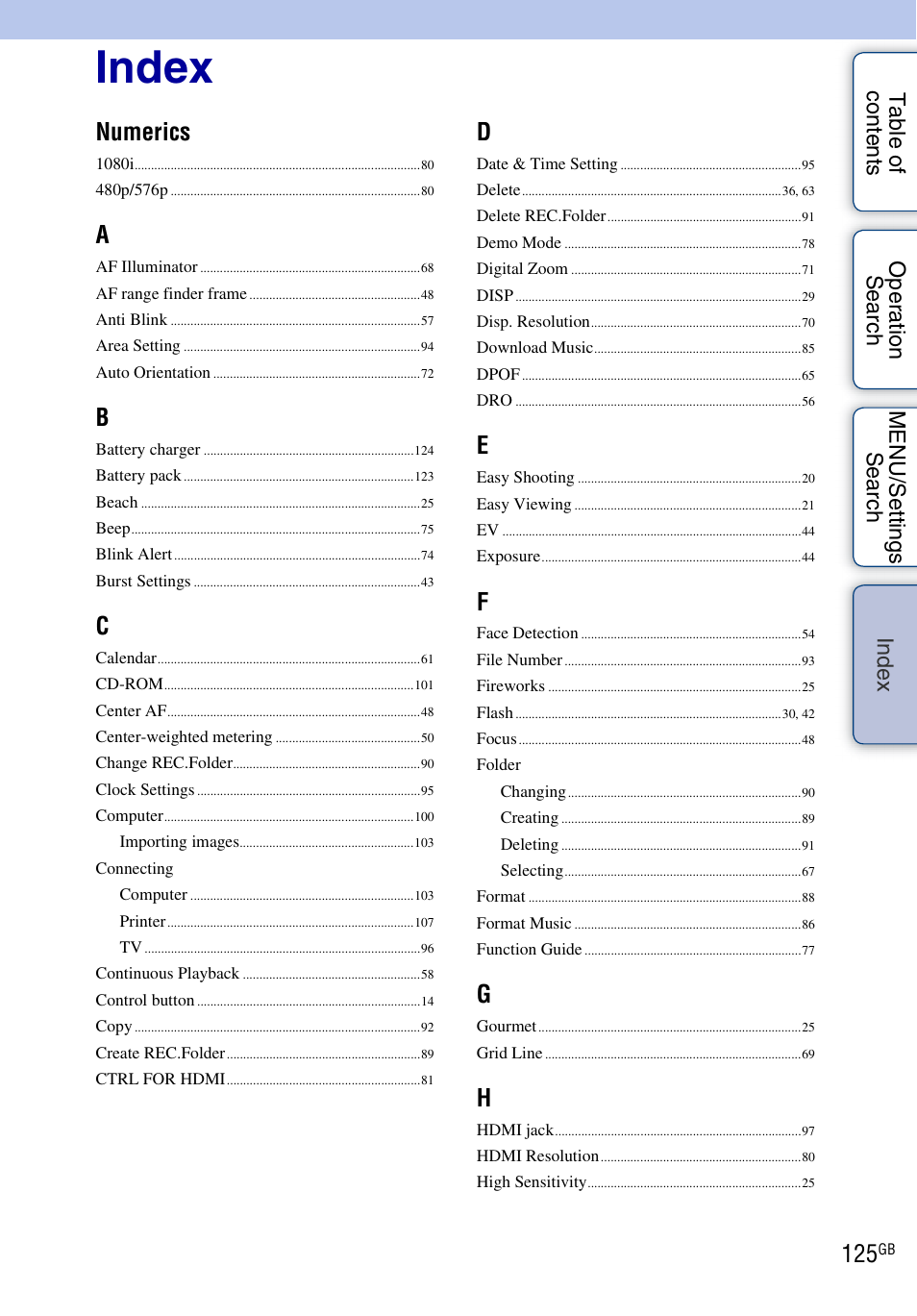 Index, De x, Numerics | Sony DSC-W370 User Manual | Page 125 / 128