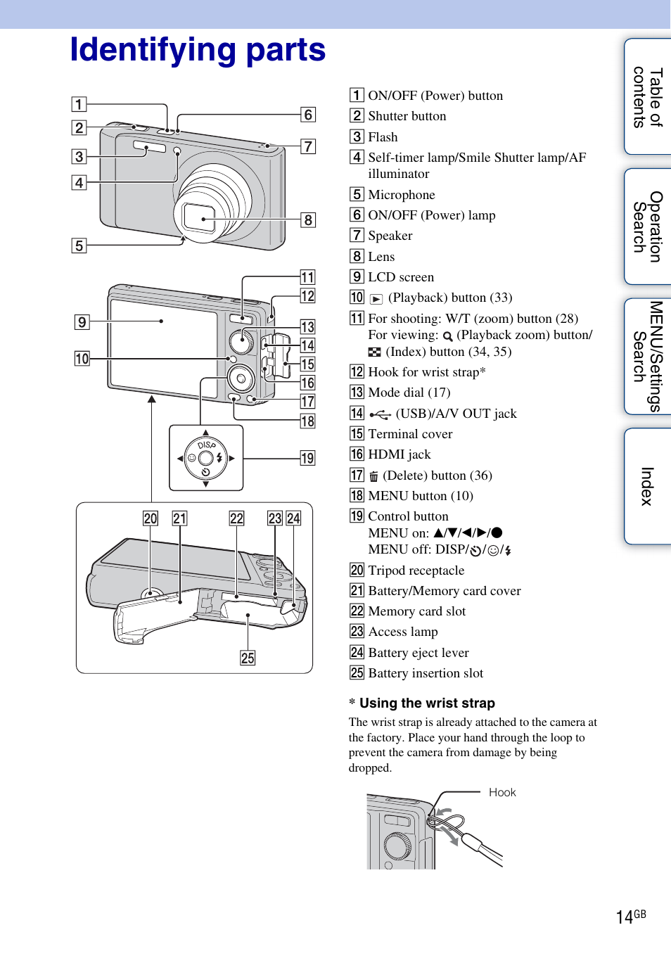 Identifying parts | Sony DSC-W370 User Manual | Page 14 / 128