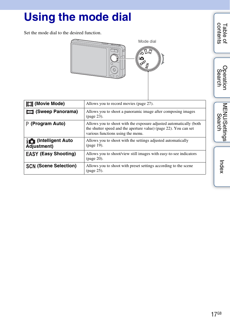 Using the mode dial | Sony DSC-W370 User Manual | Page 17 / 128