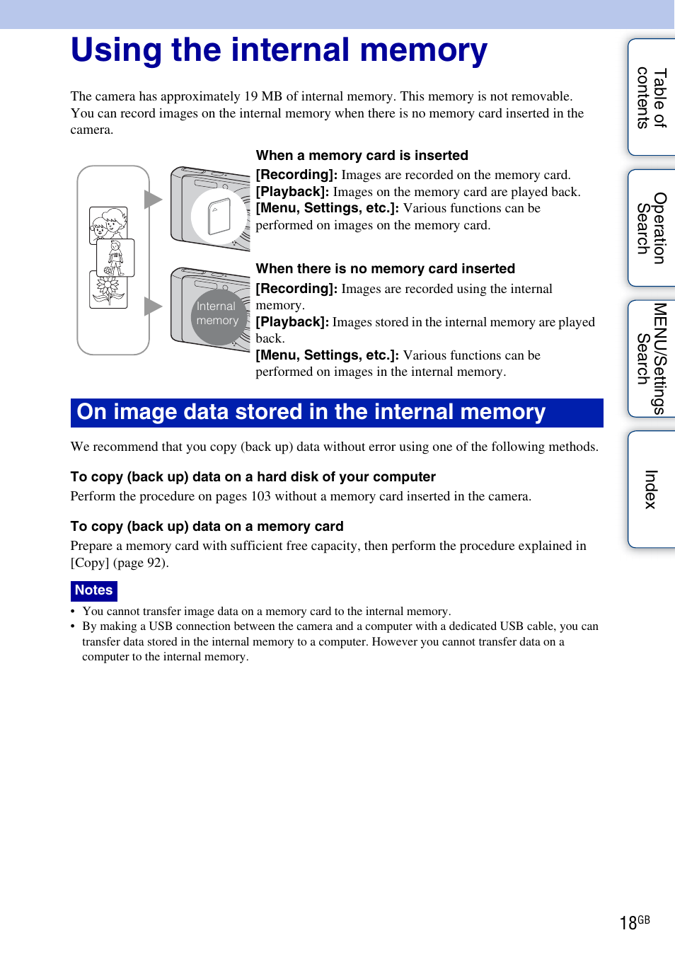 Using the internal memory | Sony DSC-W370 User Manual | Page 18 / 128