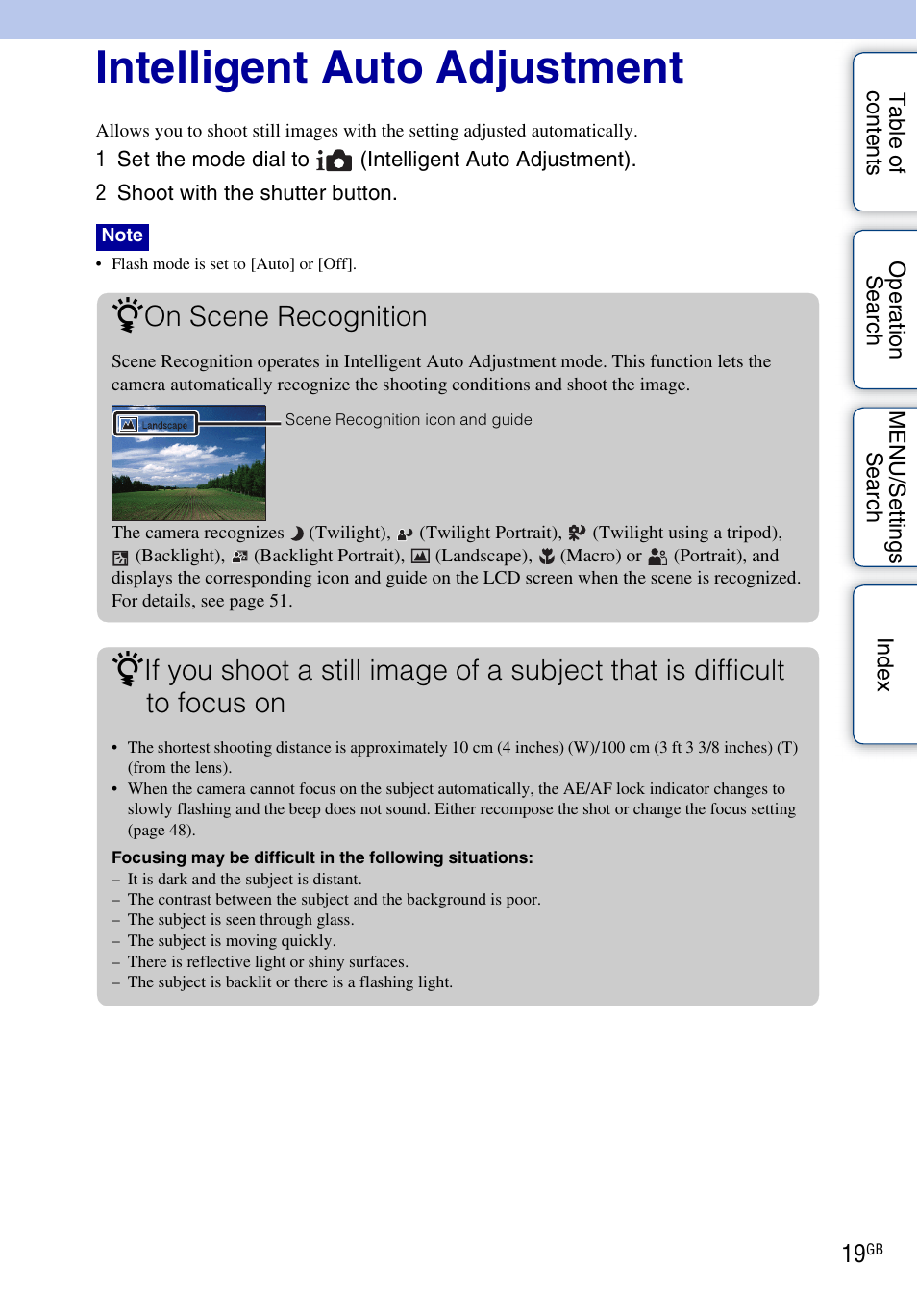 Intelligent auto adjustment, On scene recognition | Sony DSC-W370 User Manual | Page 19 / 128