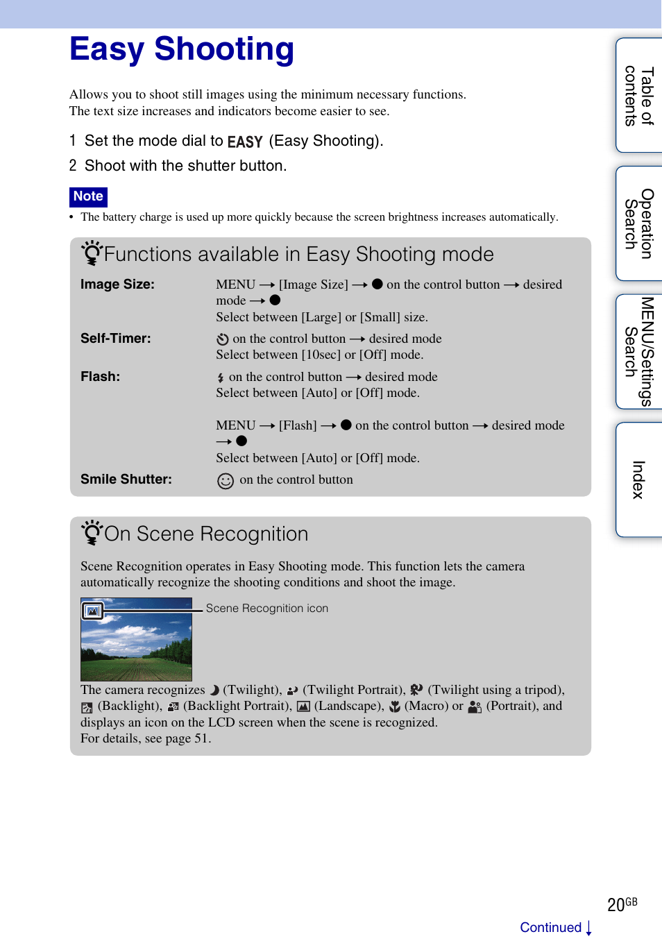Easy shooting, Functions available in easy shooting mode, On scene recognition | Sony DSC-W370 User Manual | Page 20 / 128