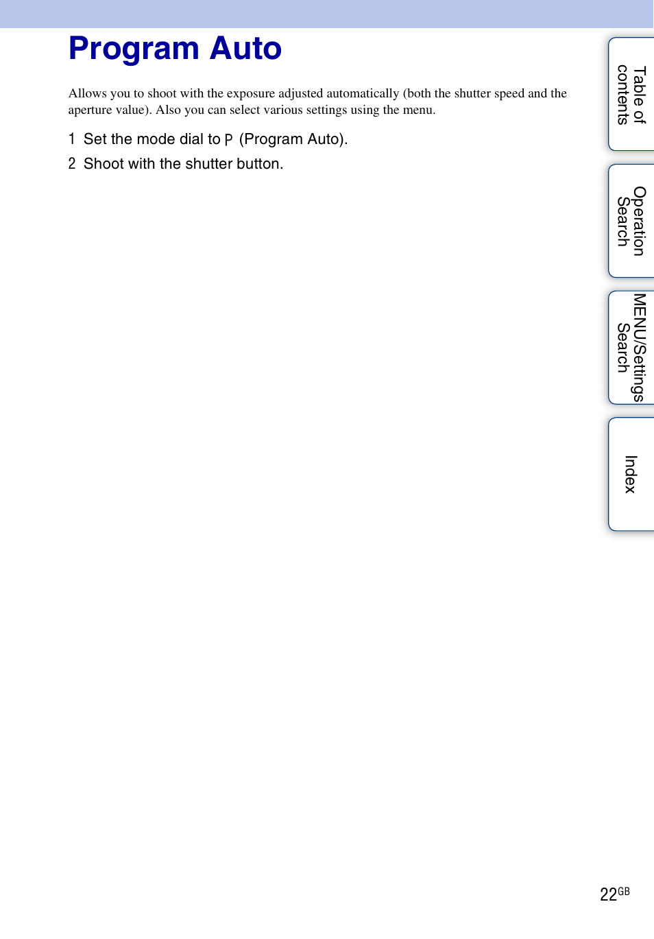 Program auto | Sony DSC-W370 User Manual | Page 22 / 128