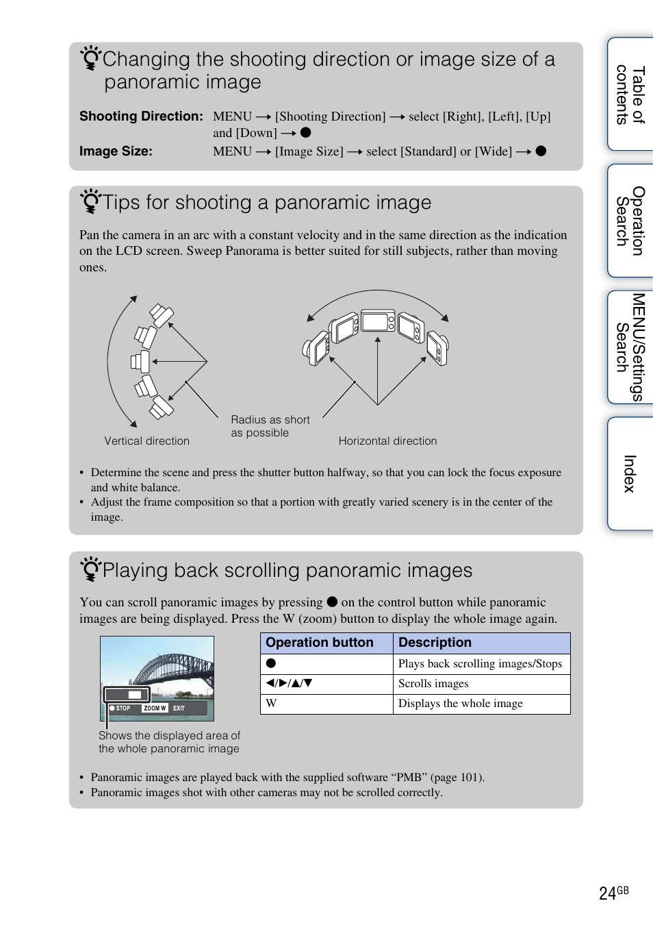 Tips for shooting a panoramic image, Playing back scrolling panoramic images | Sony DSC-W370 User Manual | Page 24 / 128