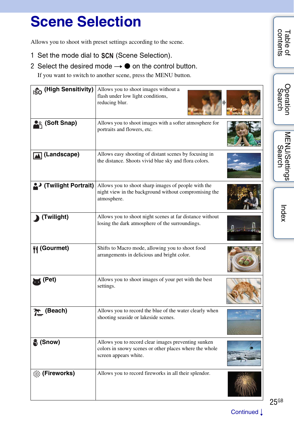 Scene selection | Sony DSC-W370 User Manual | Page 25 / 128