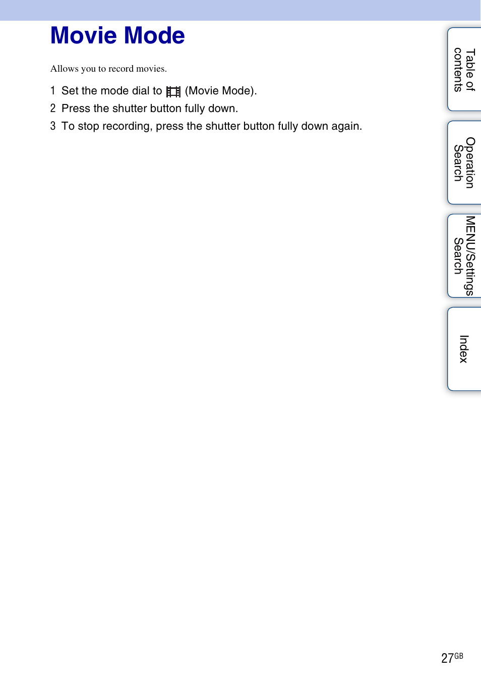 Movie mode | Sony DSC-W370 User Manual | Page 27 / 128