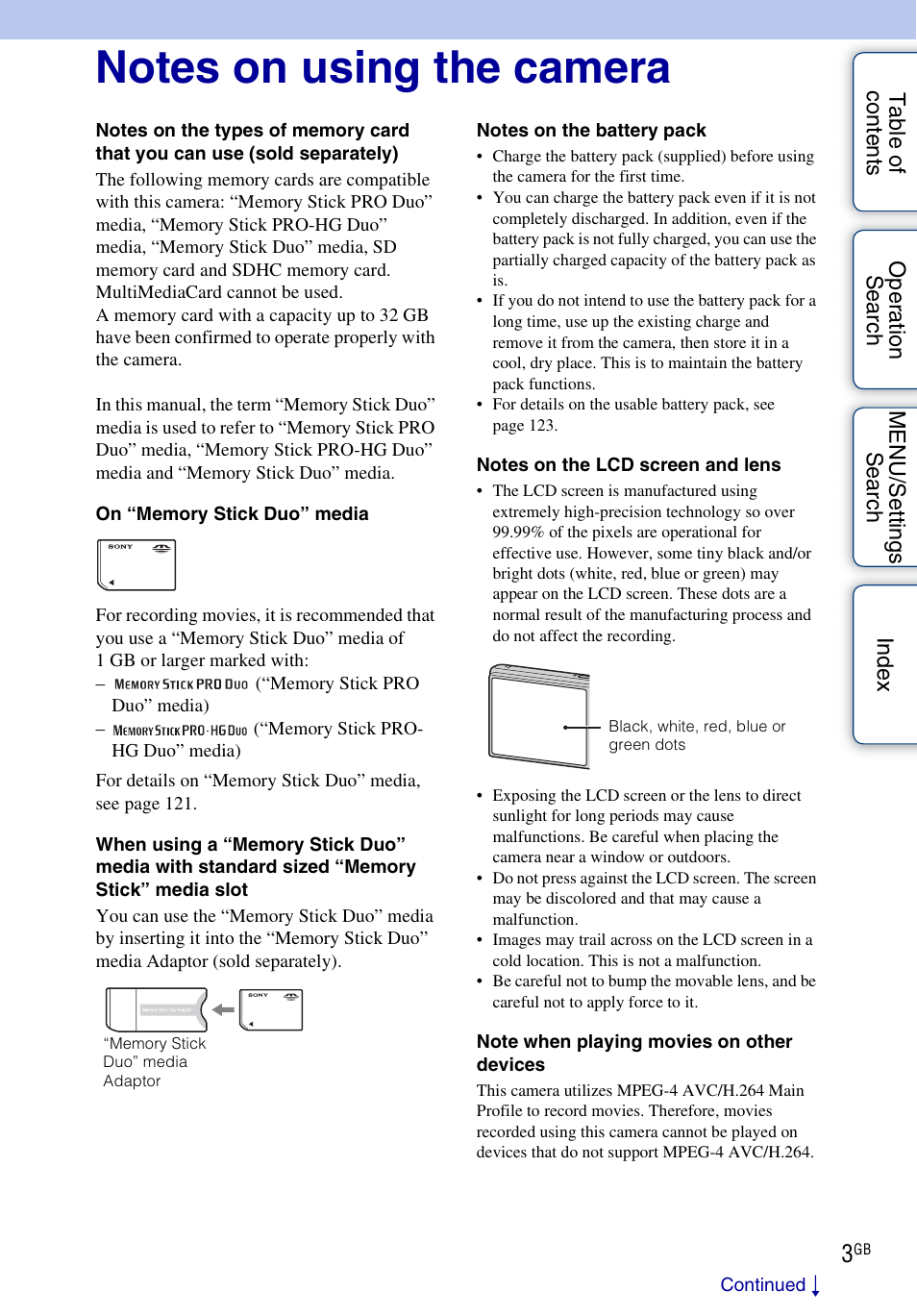Notes on using the camera | Sony DSC-W370 User Manual | Page 3 / 128