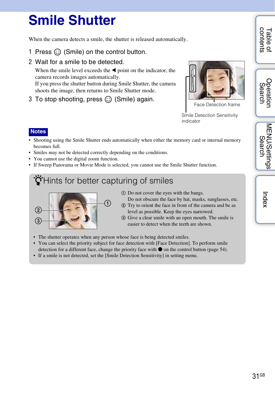 Smile shutter, Hints for better capturing of smiles | Sony DSC-W370 User Manual | Page 31 / 128