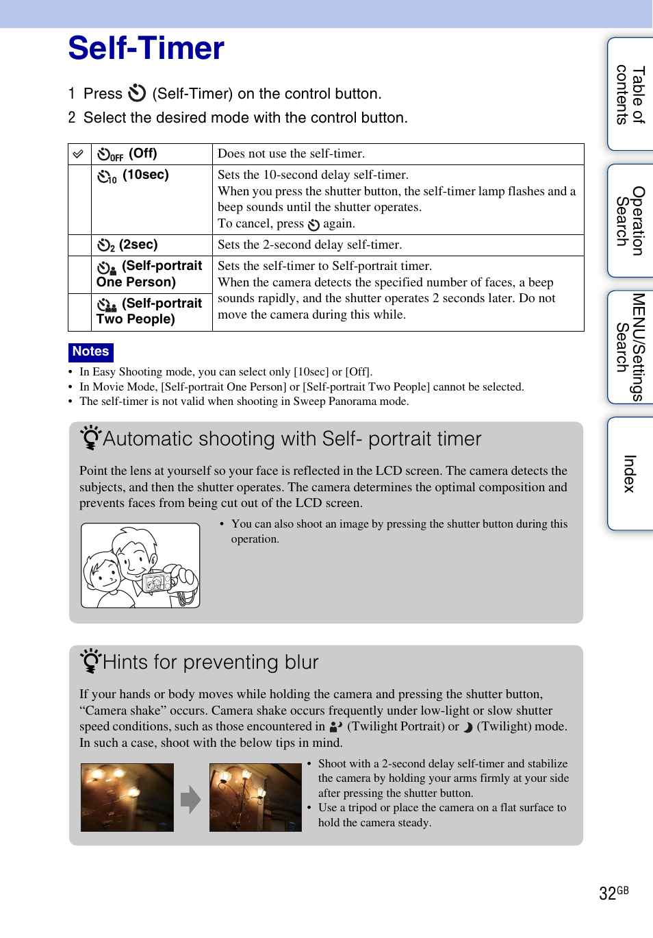 Self-timer, Automatic shooting with self- portrait timer, Hints for preventing blur | Sony DSC-W370 User Manual | Page 32 / 128