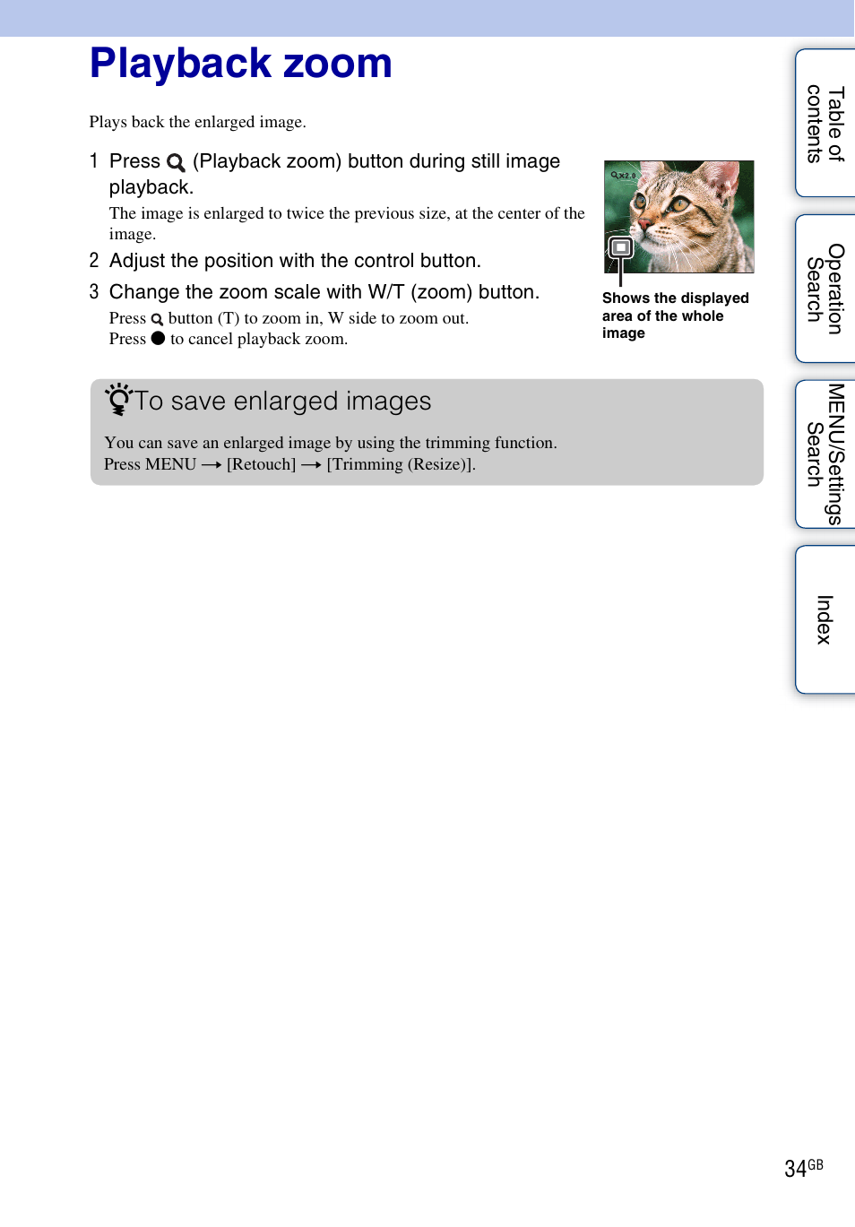 Playback zoom, On (34 | Sony DSC-W370 User Manual | Page 34 / 128