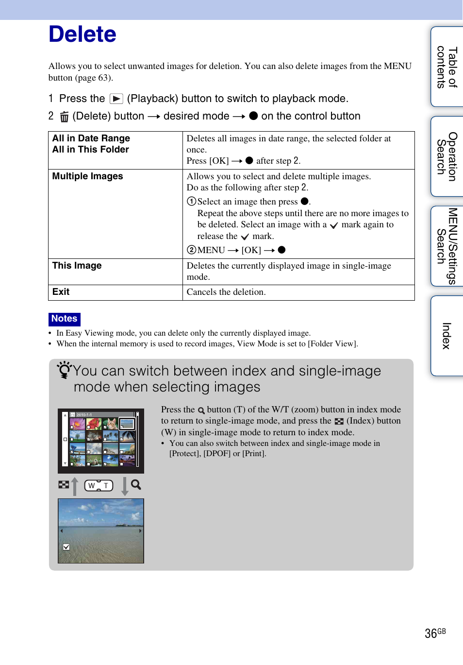 Delete | Sony DSC-W370 User Manual | Page 36 / 128