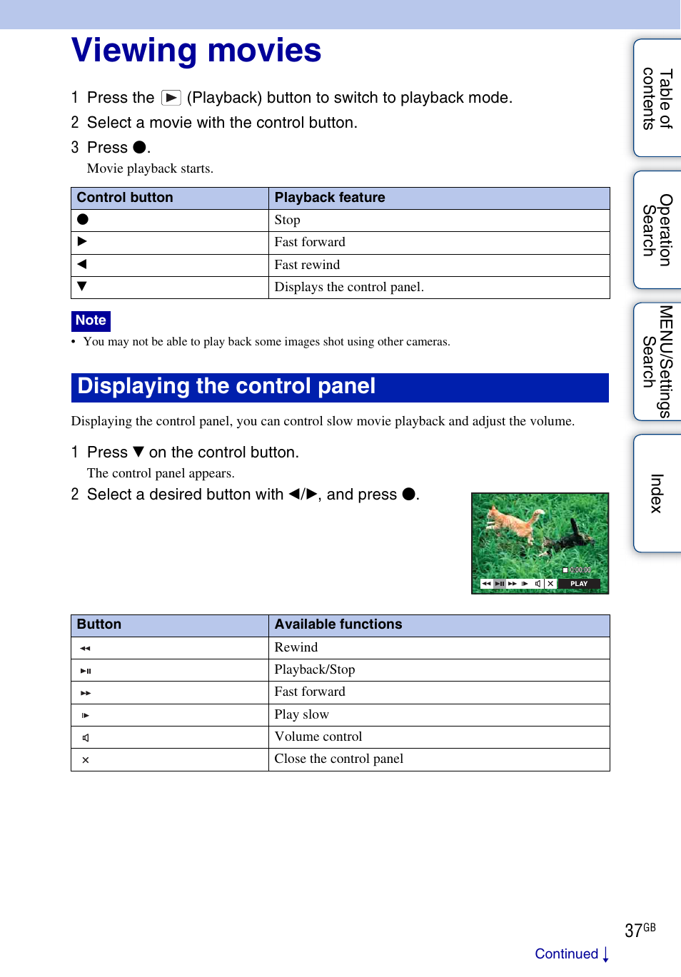 Viewing movies, Displaying the control panel | Sony DSC-W370 User Manual | Page 37 / 128
