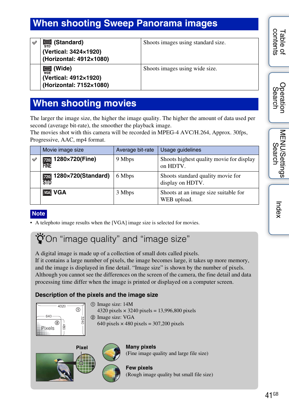 When shooting sweep panorama images, When shooting movies, On “image quality” and “image size | Sony DSC-W370 User Manual | Page 41 / 128