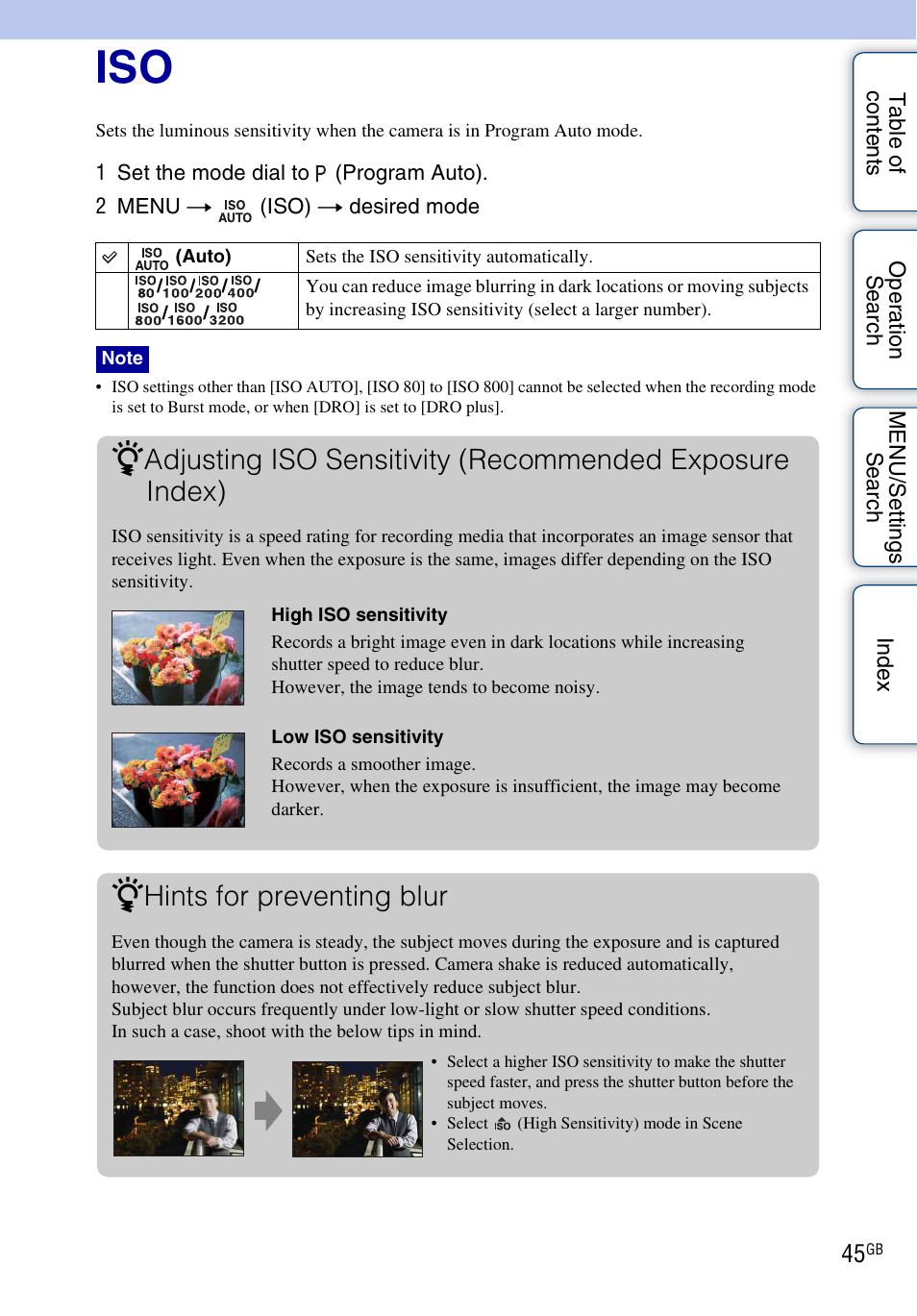 Hints for preventing blur | Sony DSC-W370 User Manual | Page 45 / 128