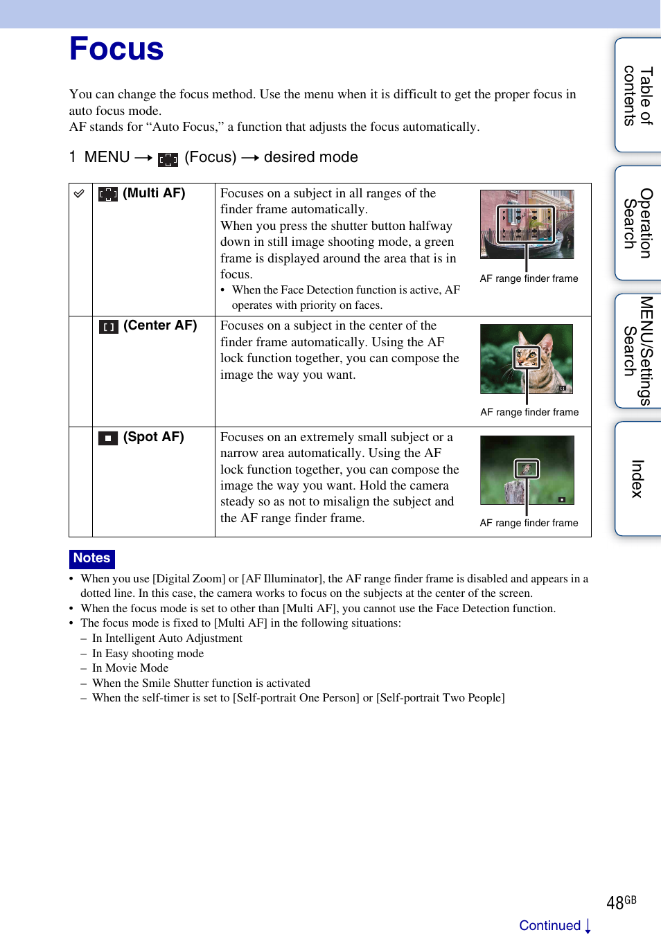 Focus | Sony DSC-W370 User Manual | Page 48 / 128