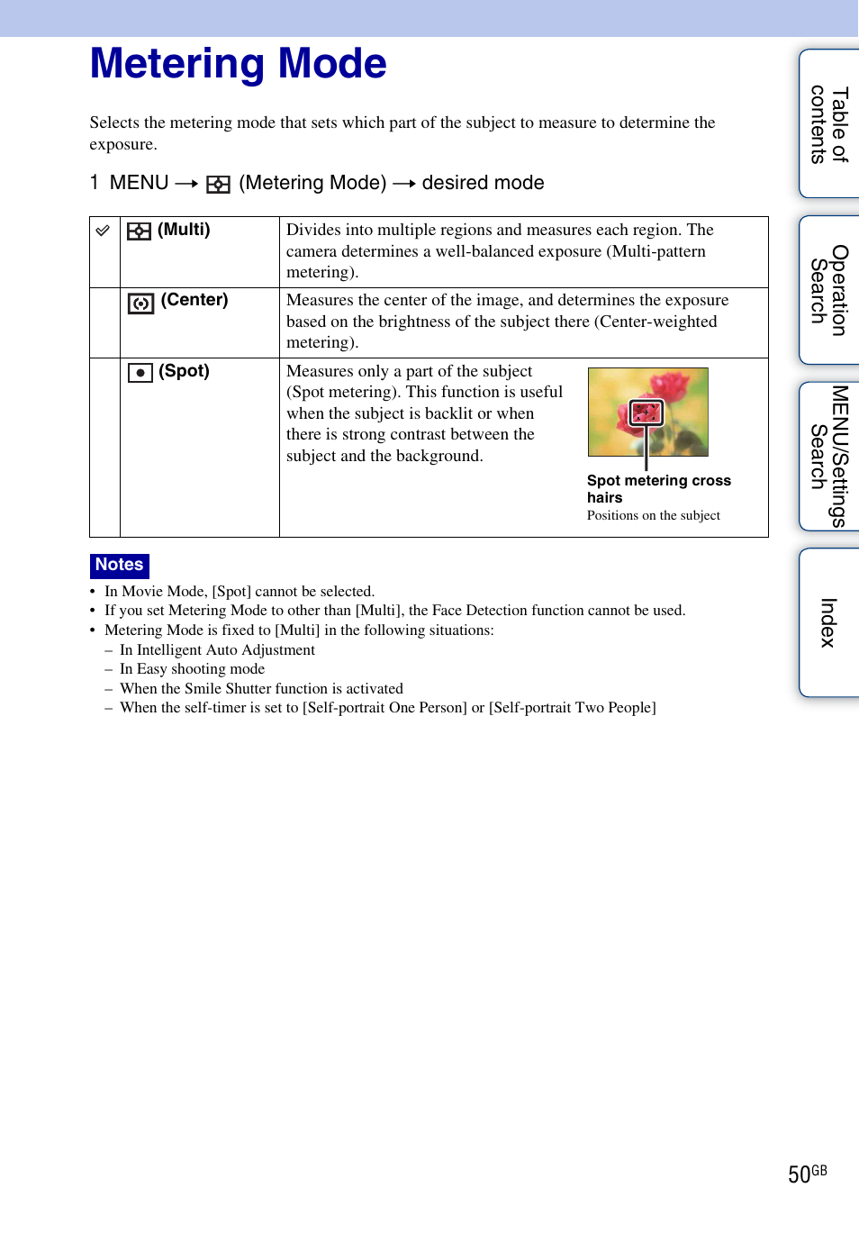 Metering mode | Sony DSC-W370 User Manual | Page 50 / 128