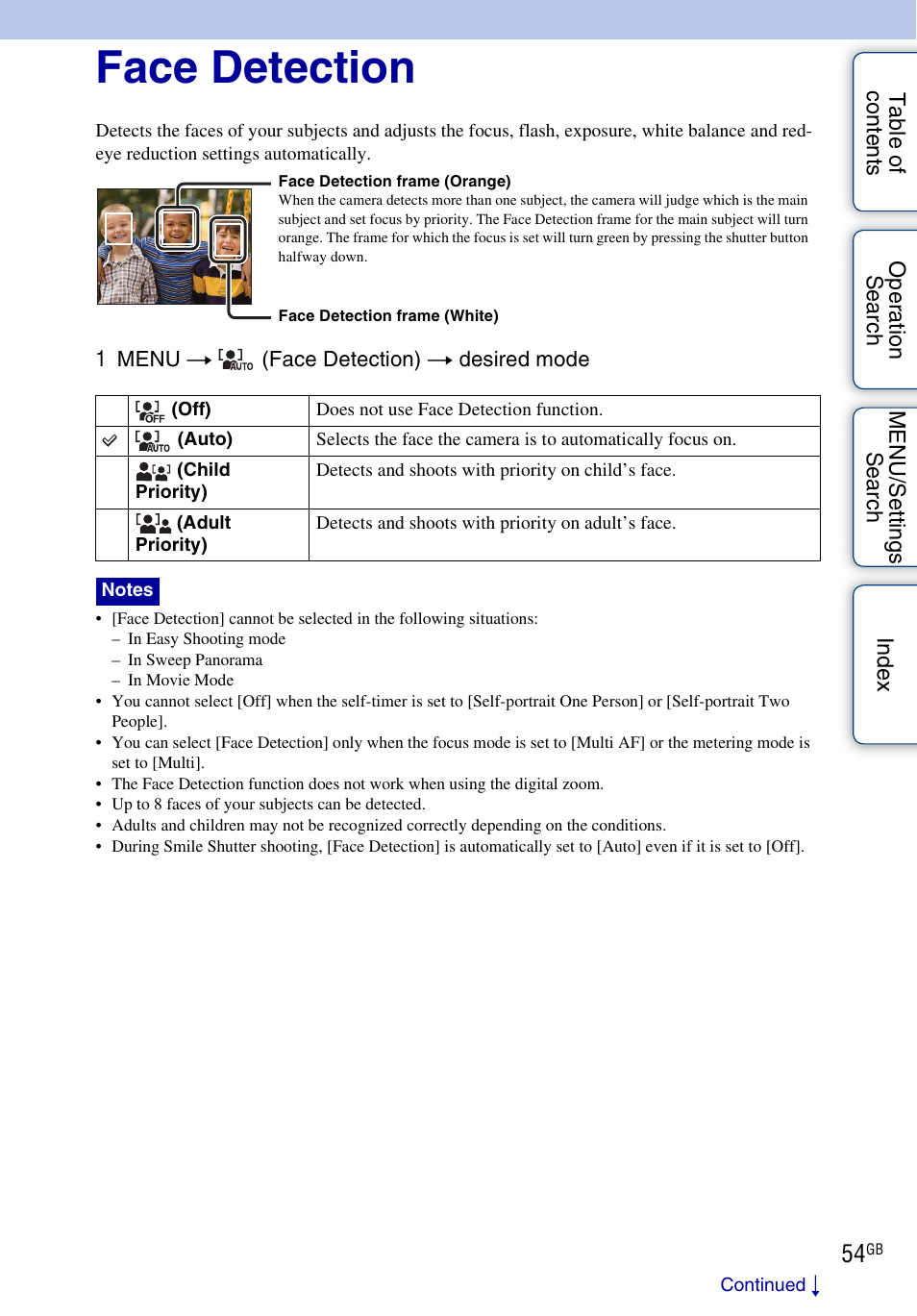 Face detection | Sony DSC-W370 User Manual | Page 54 / 128