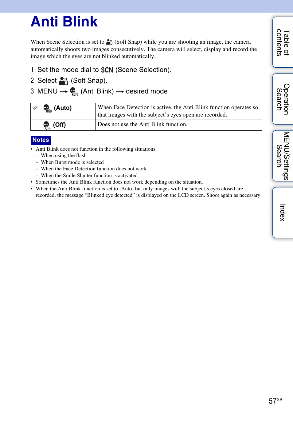 Anti blink | Sony DSC-W370 User Manual | Page 57 / 128