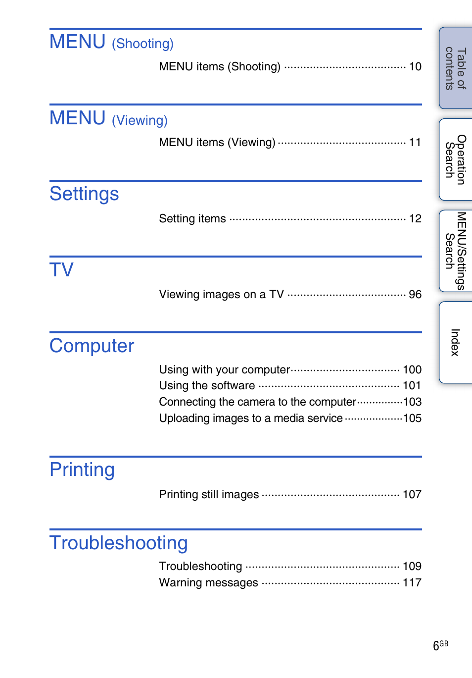 Menu, Settings, Computer | Printing, Troubleshooting | Sony DSC-W370 User Manual | Page 6 / 128