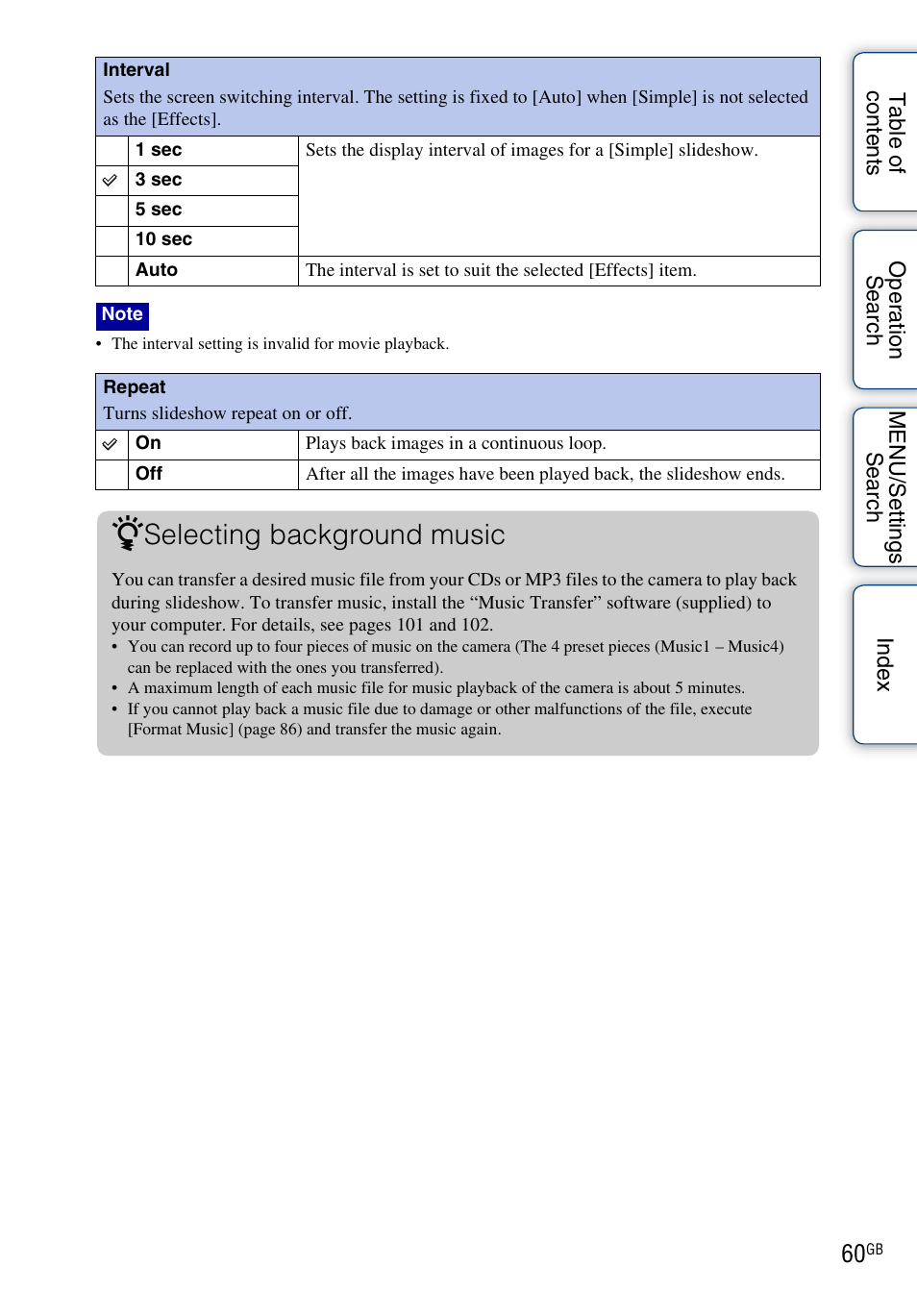 Selecting background music | Sony DSC-W370 User Manual | Page 60 / 128