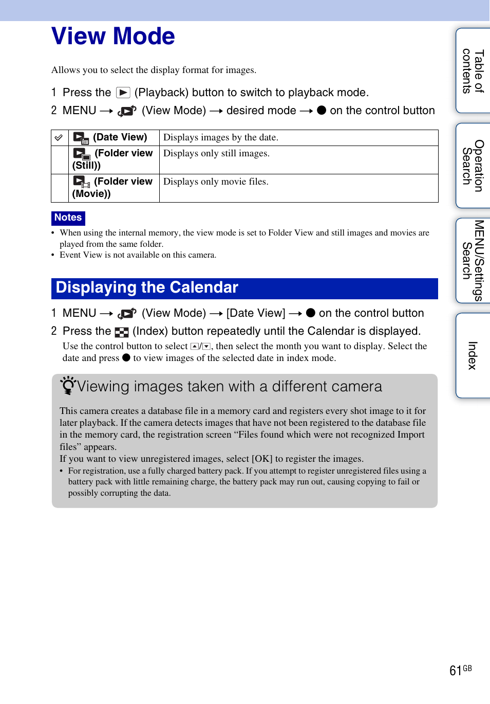 View mode, View mode), Displaying the calendar z | Viewing images taken with a different camera | Sony DSC-W370 User Manual | Page 61 / 128