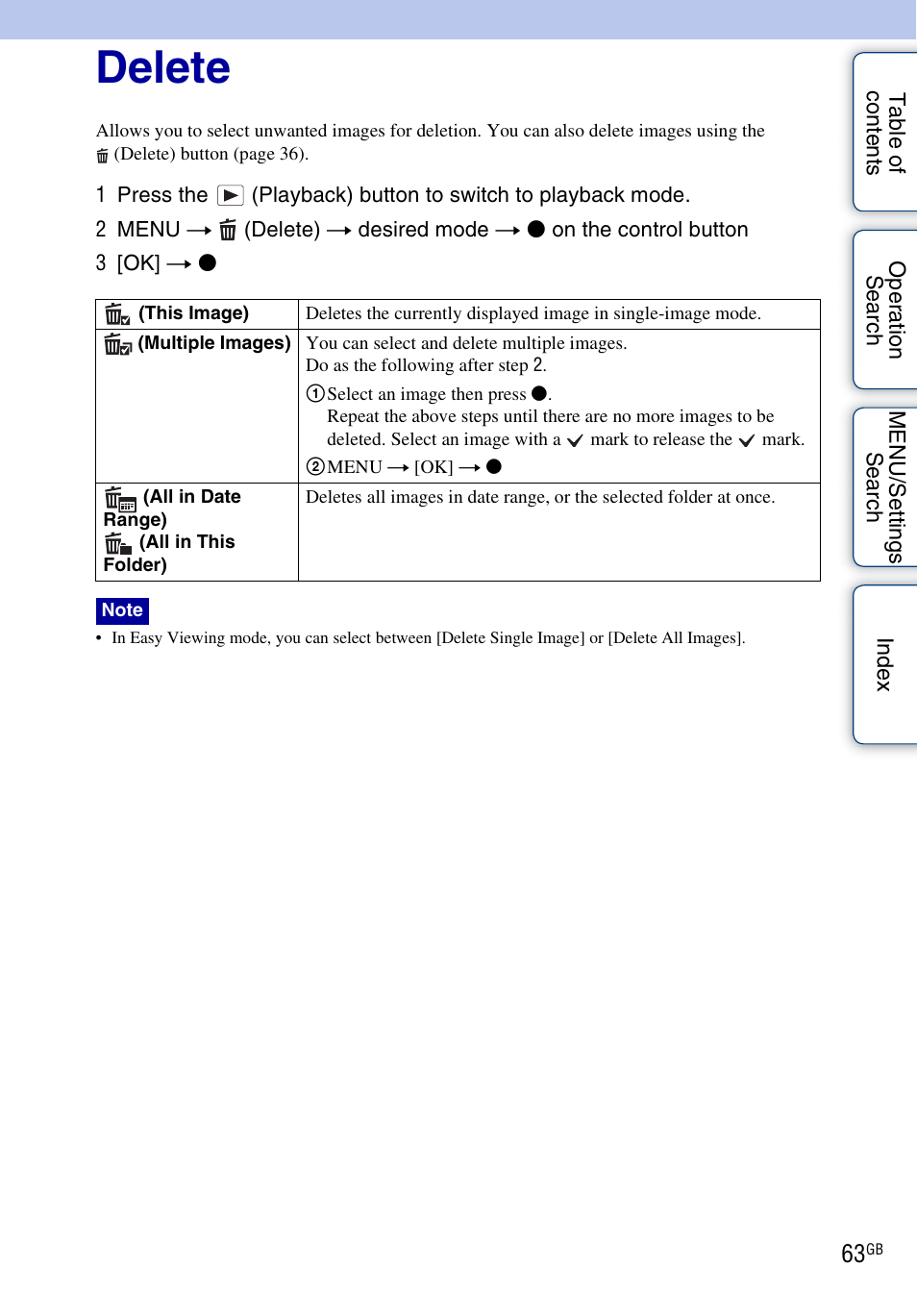 Delete, Delete) | Sony DSC-W370 User Manual | Page 63 / 128