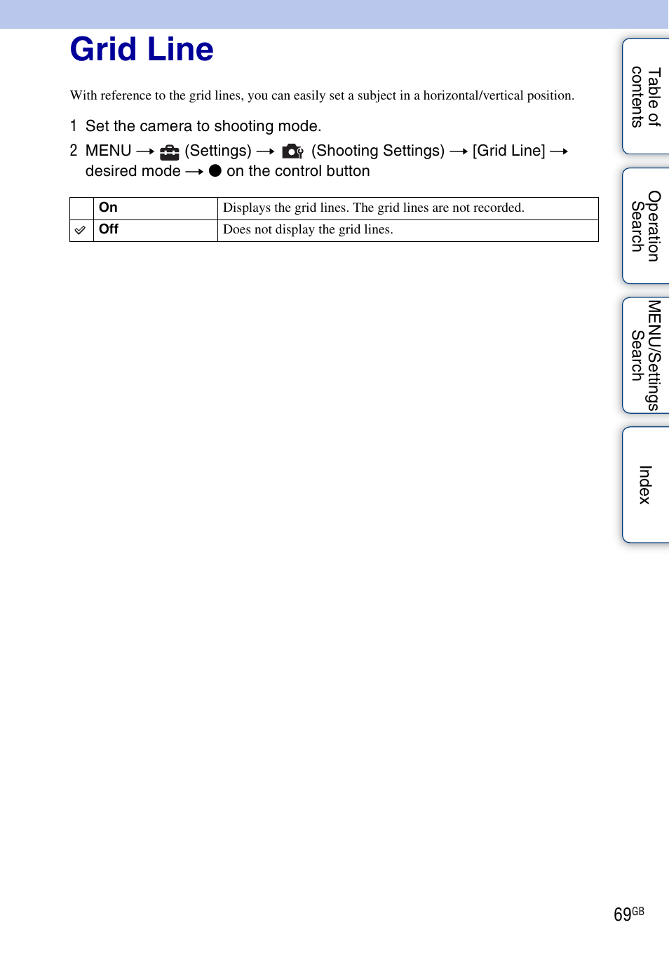 Grid line | Sony DSC-W370 User Manual | Page 69 / 128