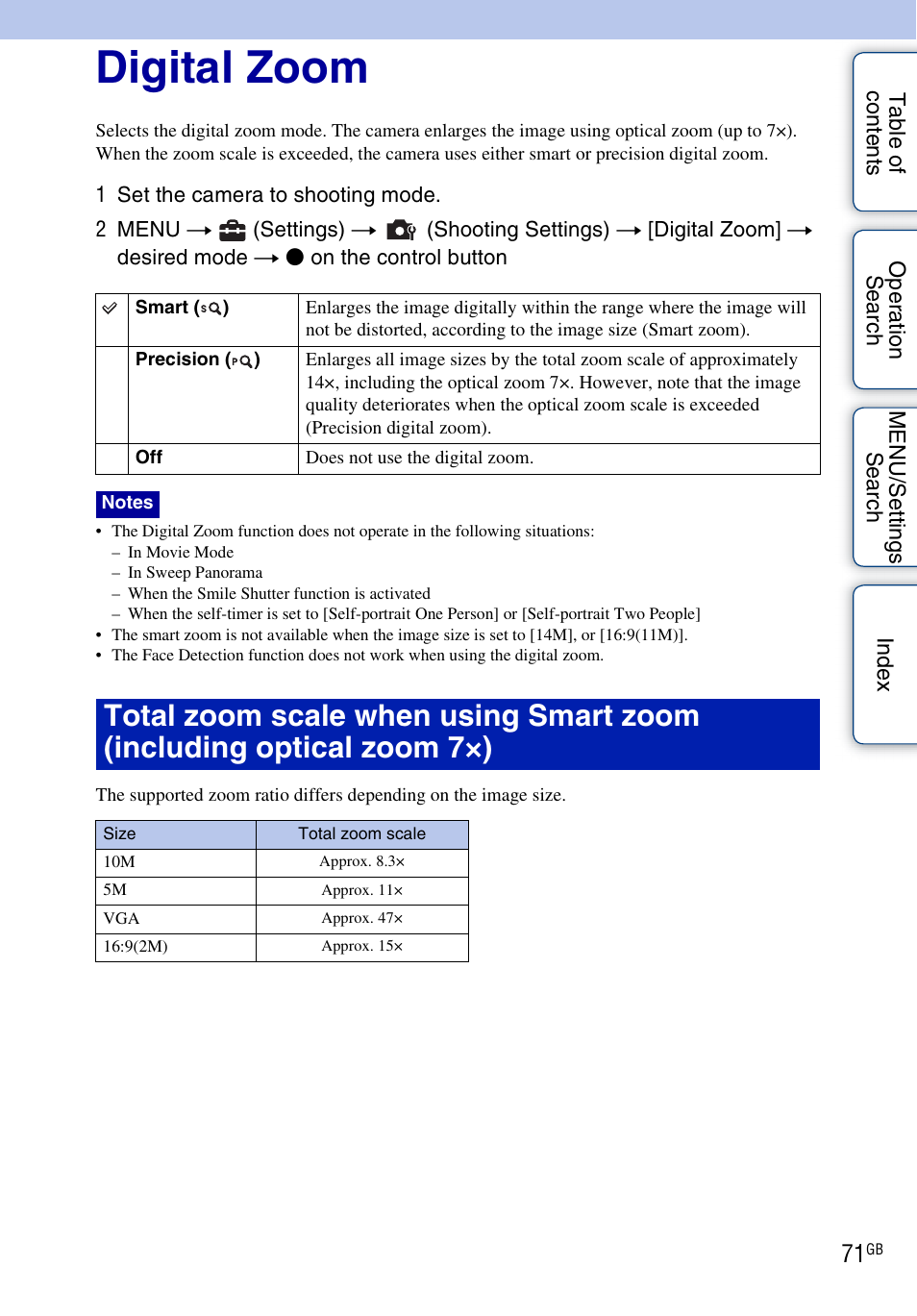 Digital zoom | Sony DSC-W370 User Manual | Page 71 / 128